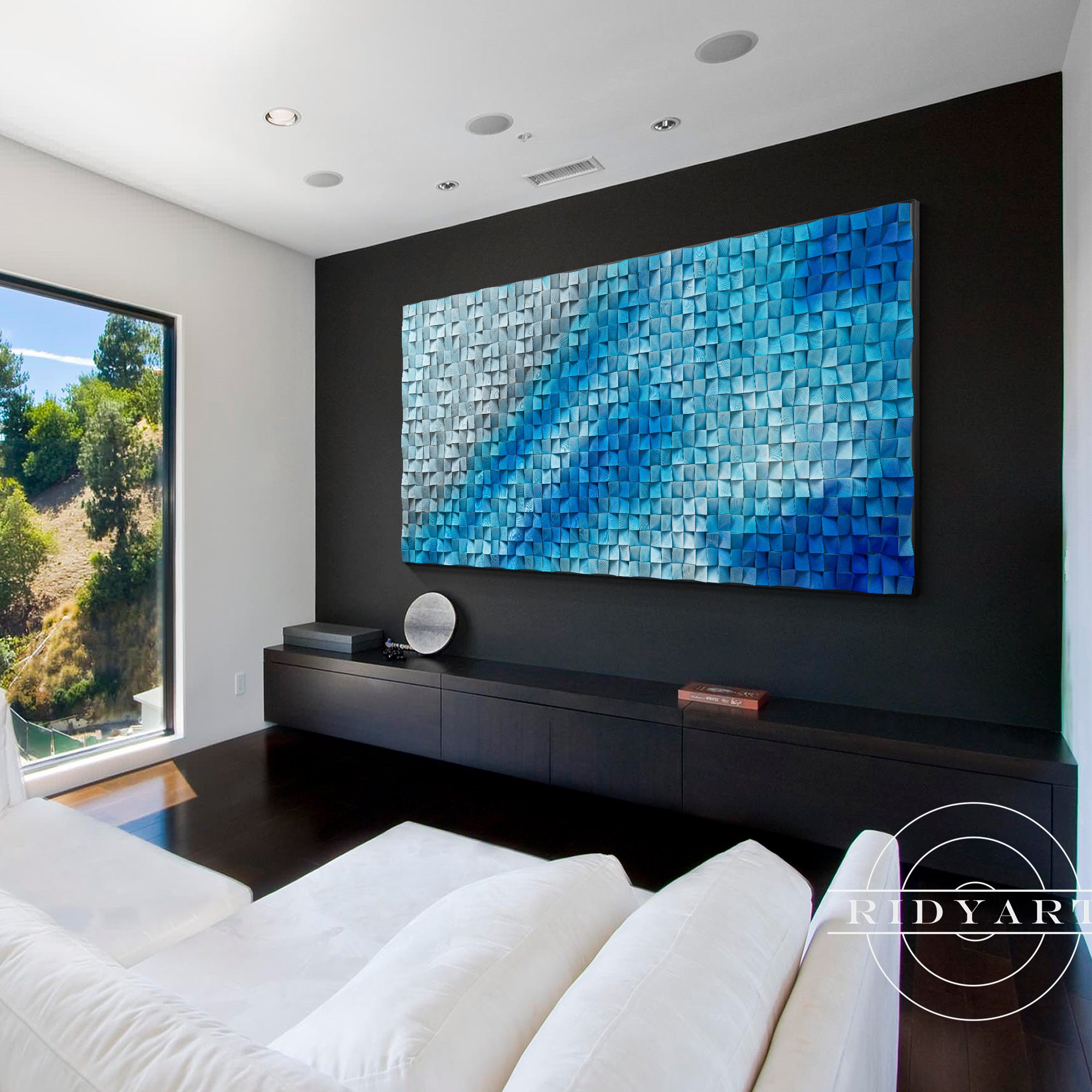 Handcrafted geometric wooden wall sculpture with 3D texture