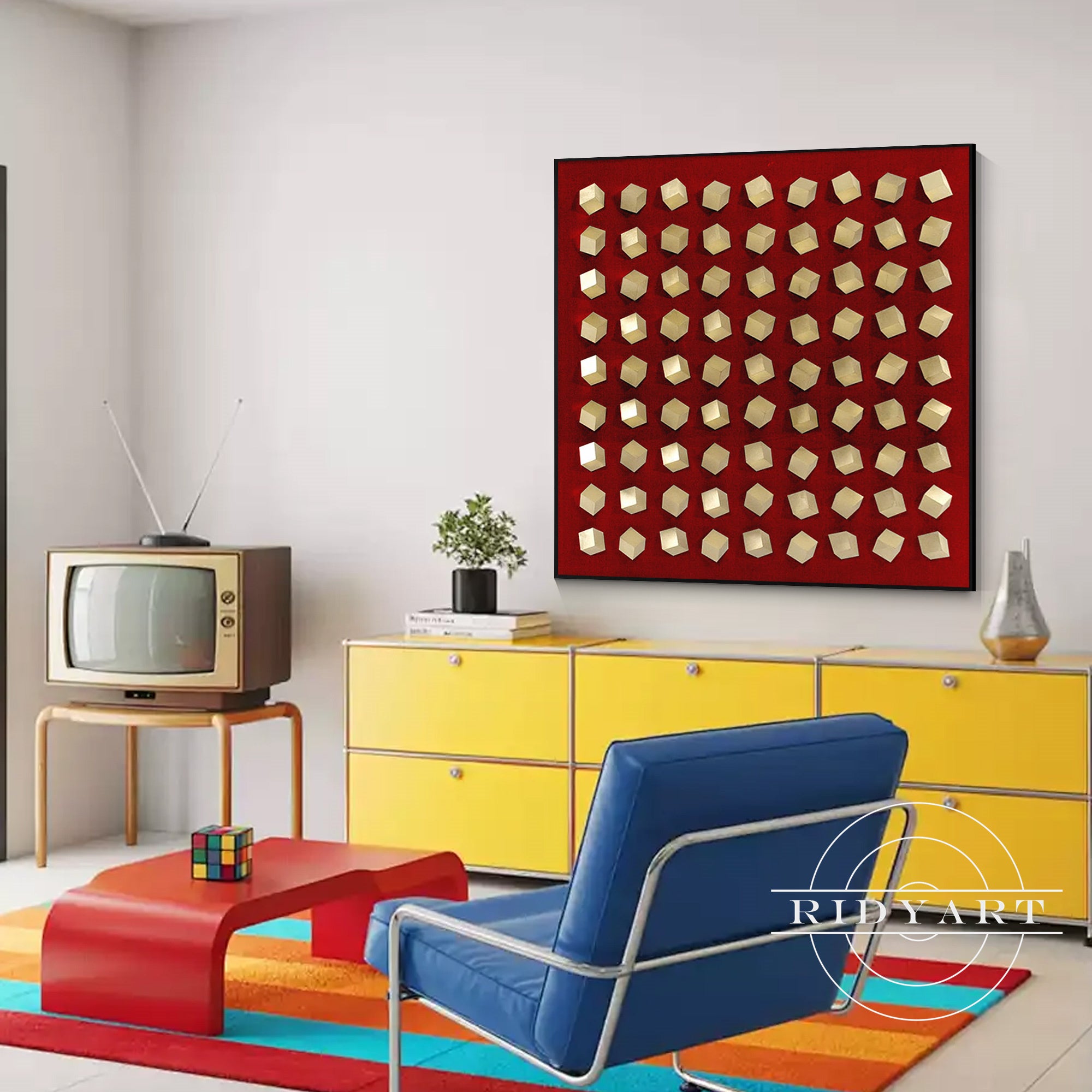 Handmade red and gold abstract geometric wall decor