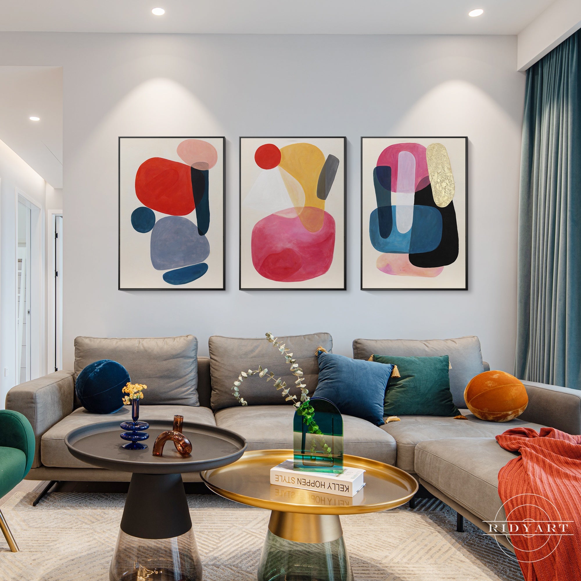 Gold and pink geometric canvas paintings for home decor