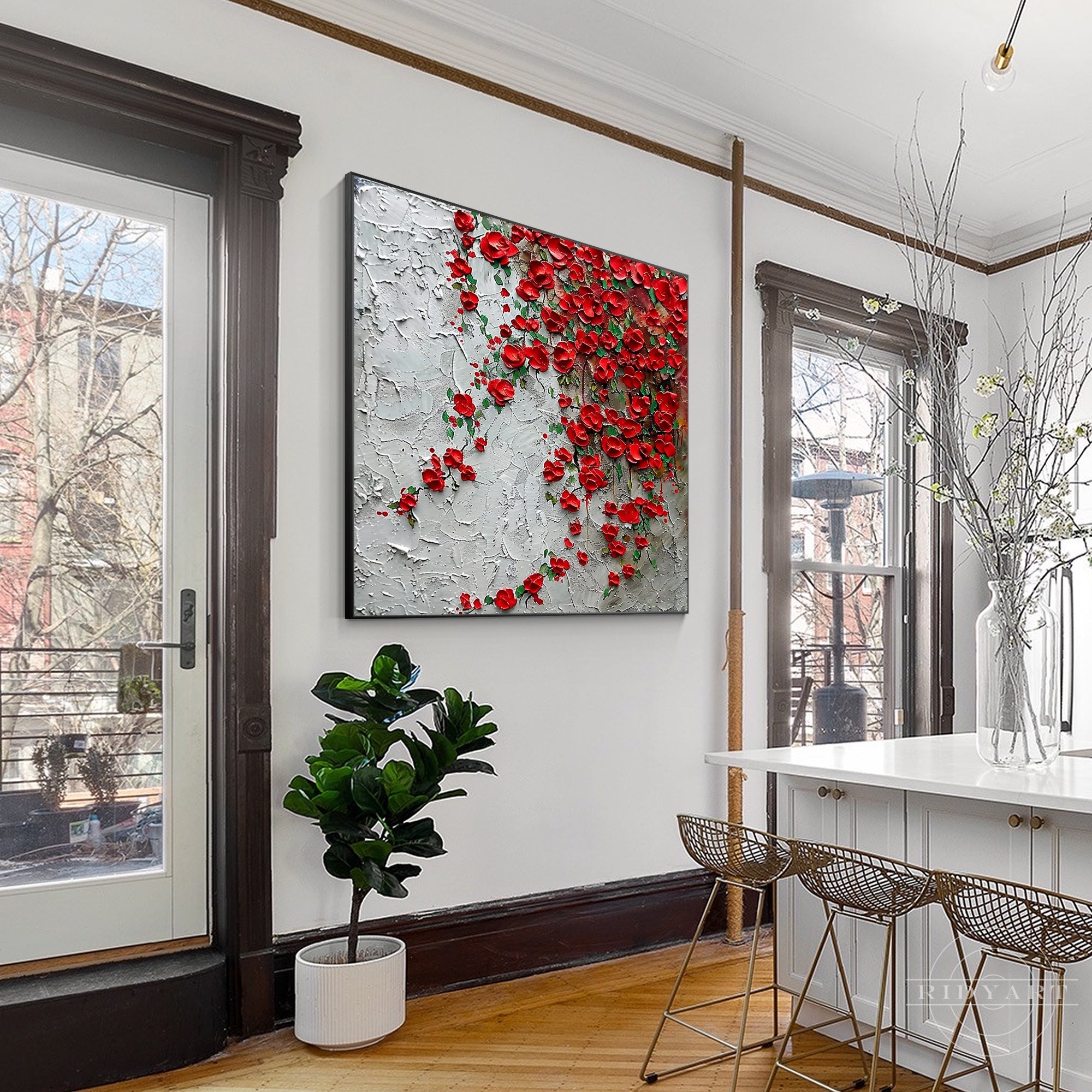 Red wildflowers 3D textured painting on canvas.