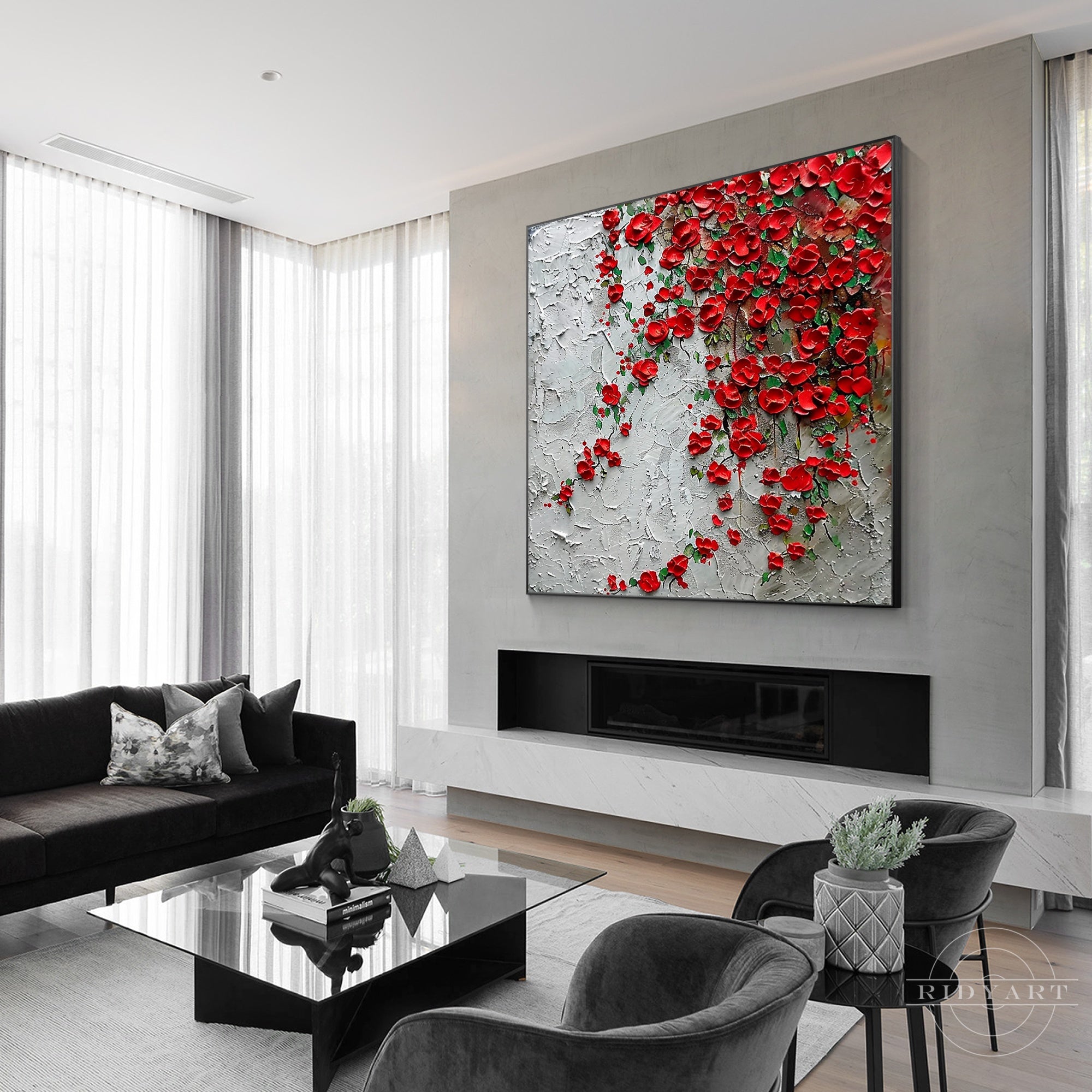 Red wildflowers 3D textured painting on canvas.