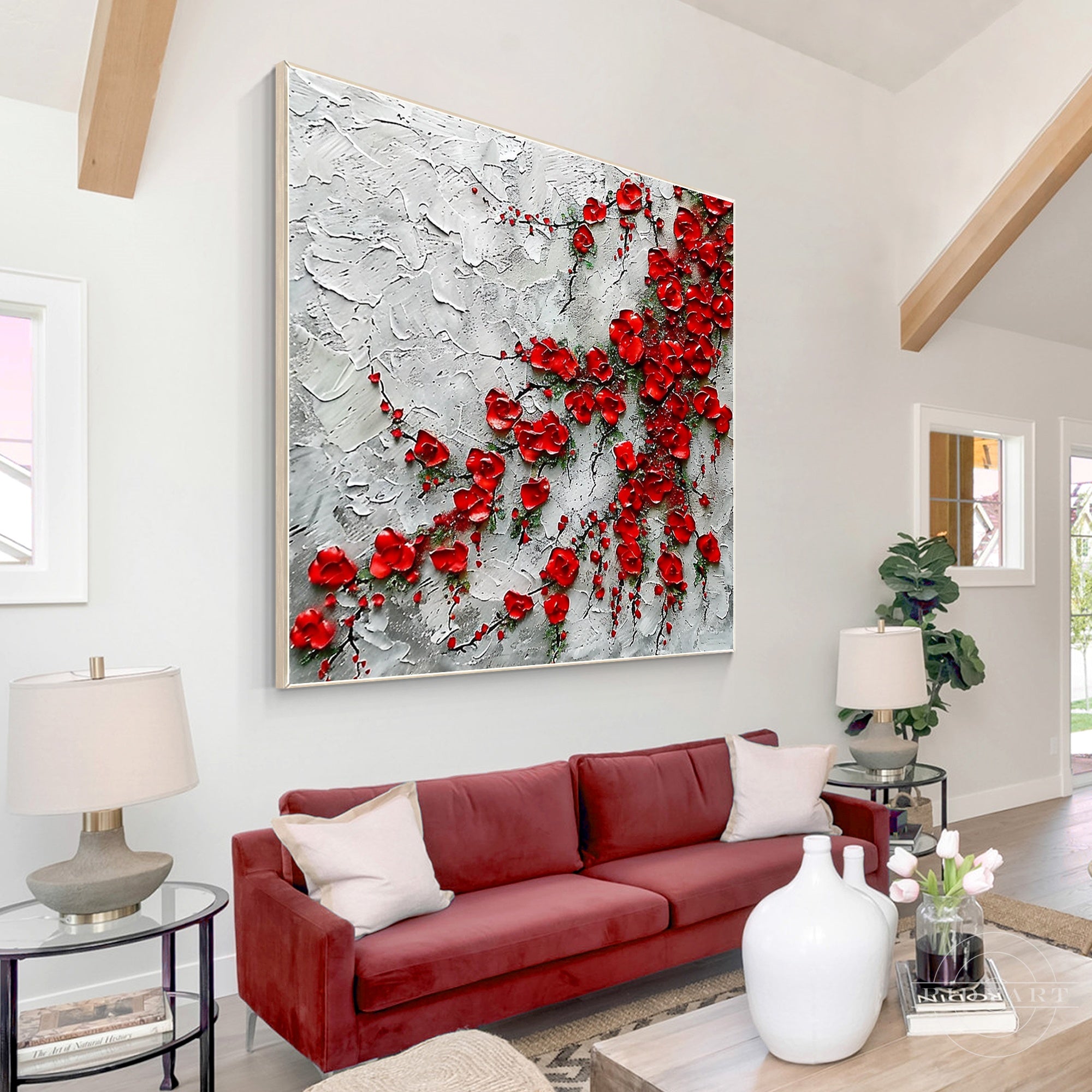 Red wildflowers painting with thick textured brushstrokes.