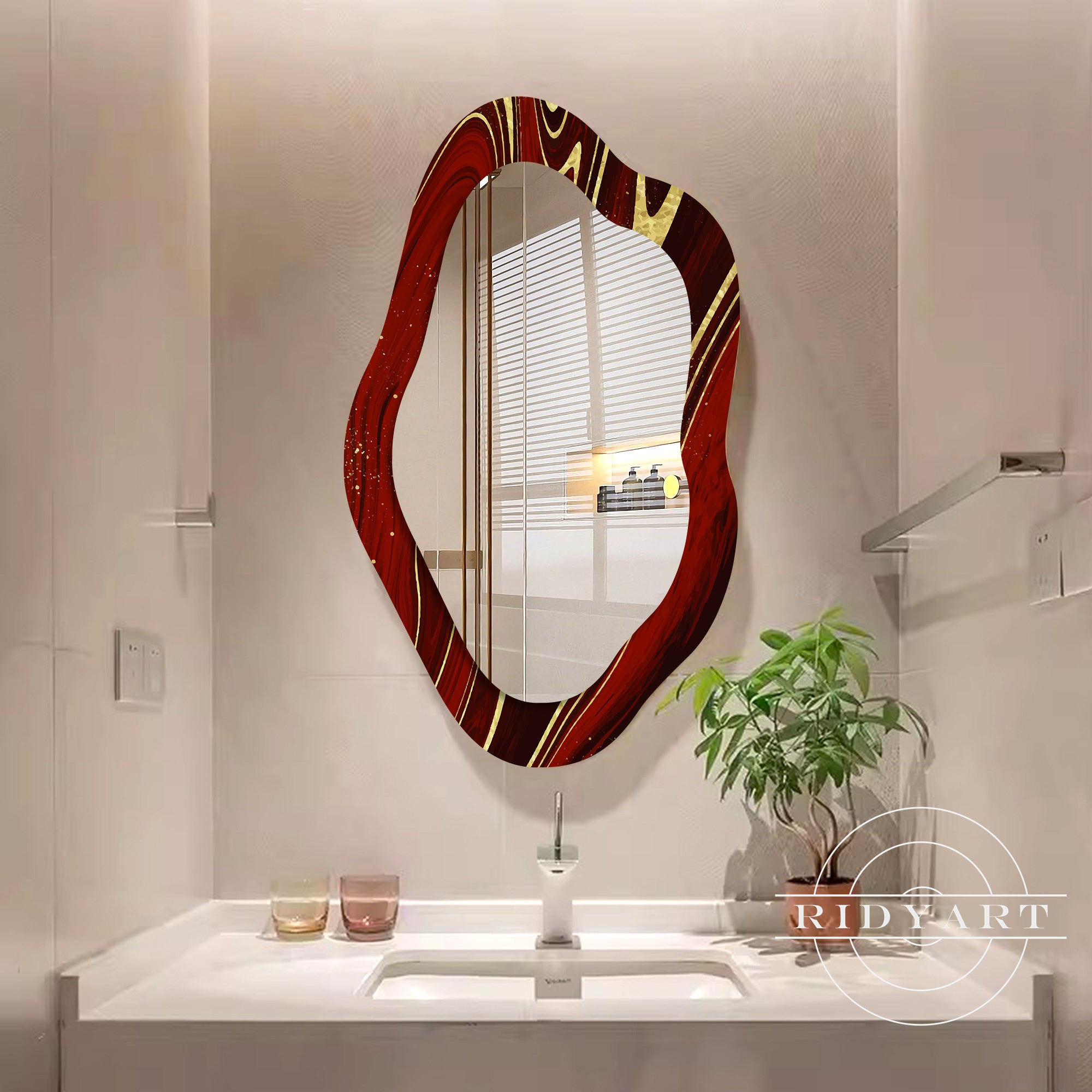 Modern artistic wall mirror with marbled gold finish