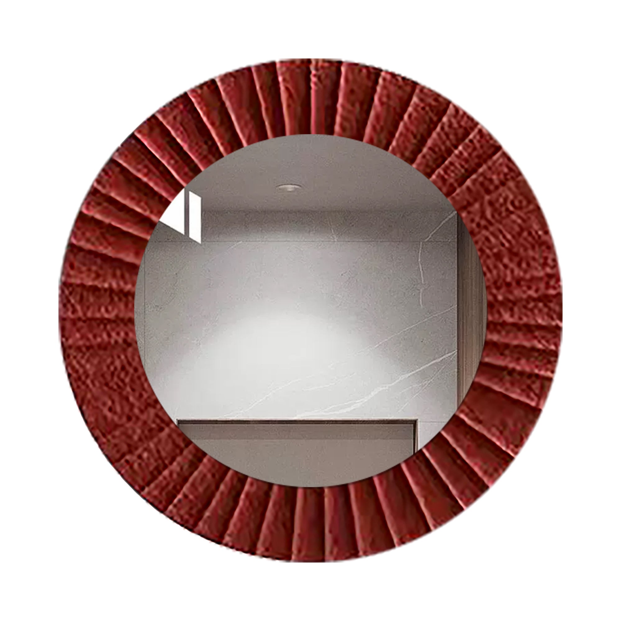 Asymmetrical reddish wood wall mirror with rustic frame