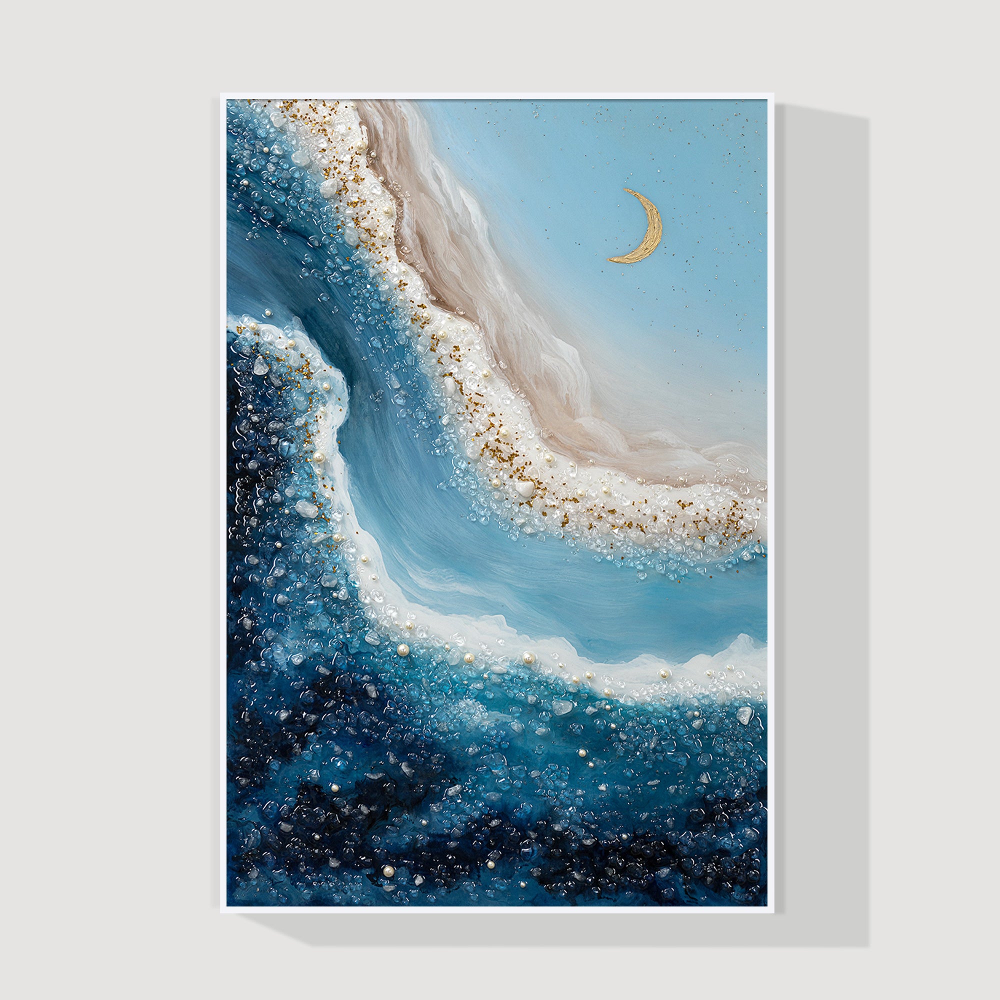 blue brown resin ocean painting with gold geode texture