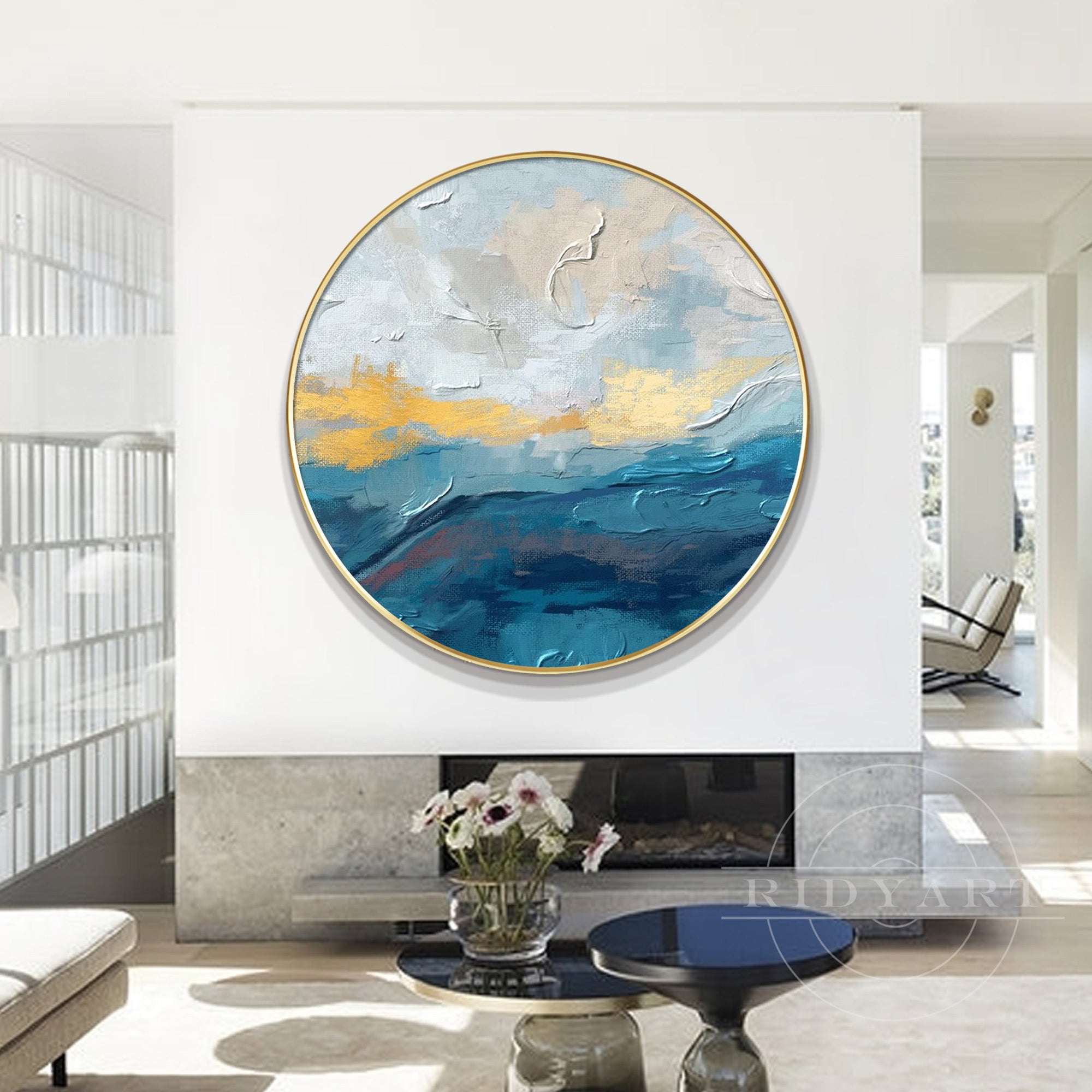 Round abstract painting in blue and gold for modern wall decor