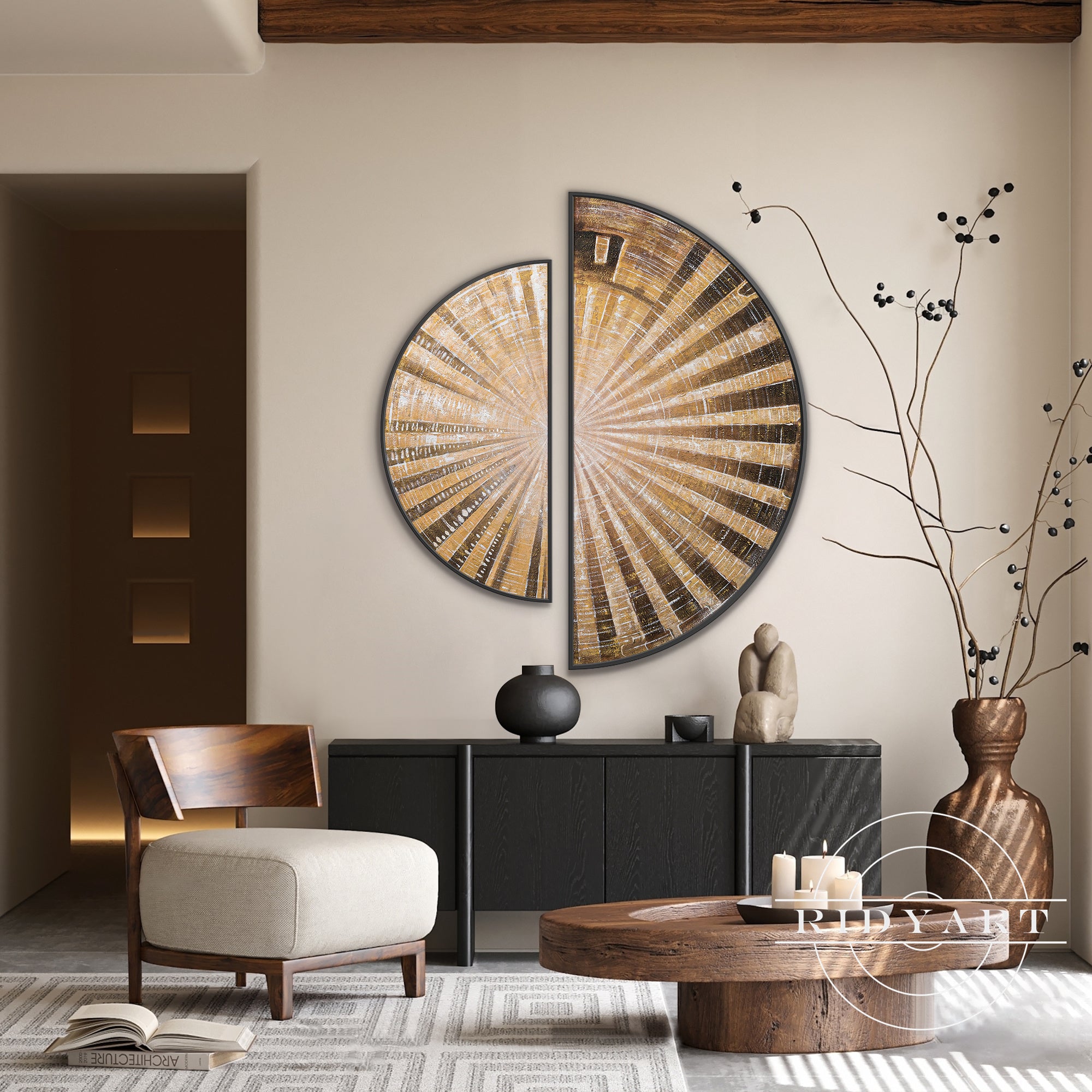 Set of 2 round abstract gold and brown wall art for modern decor.