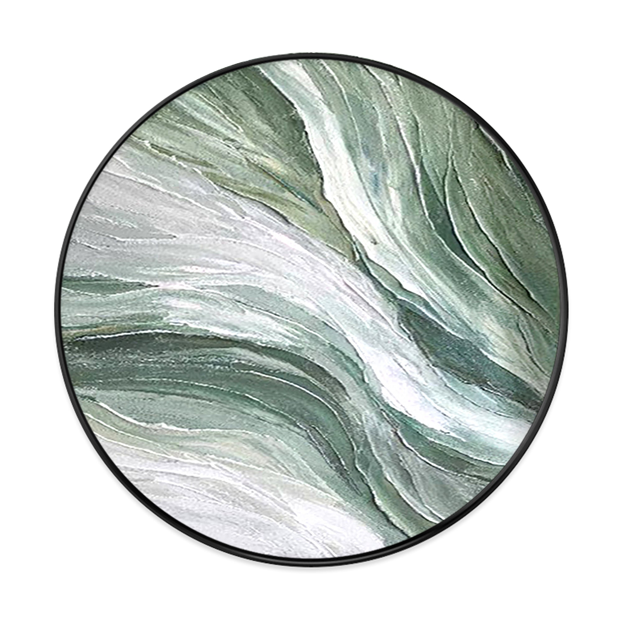 Round green and gray abstract wall art on textured canvas