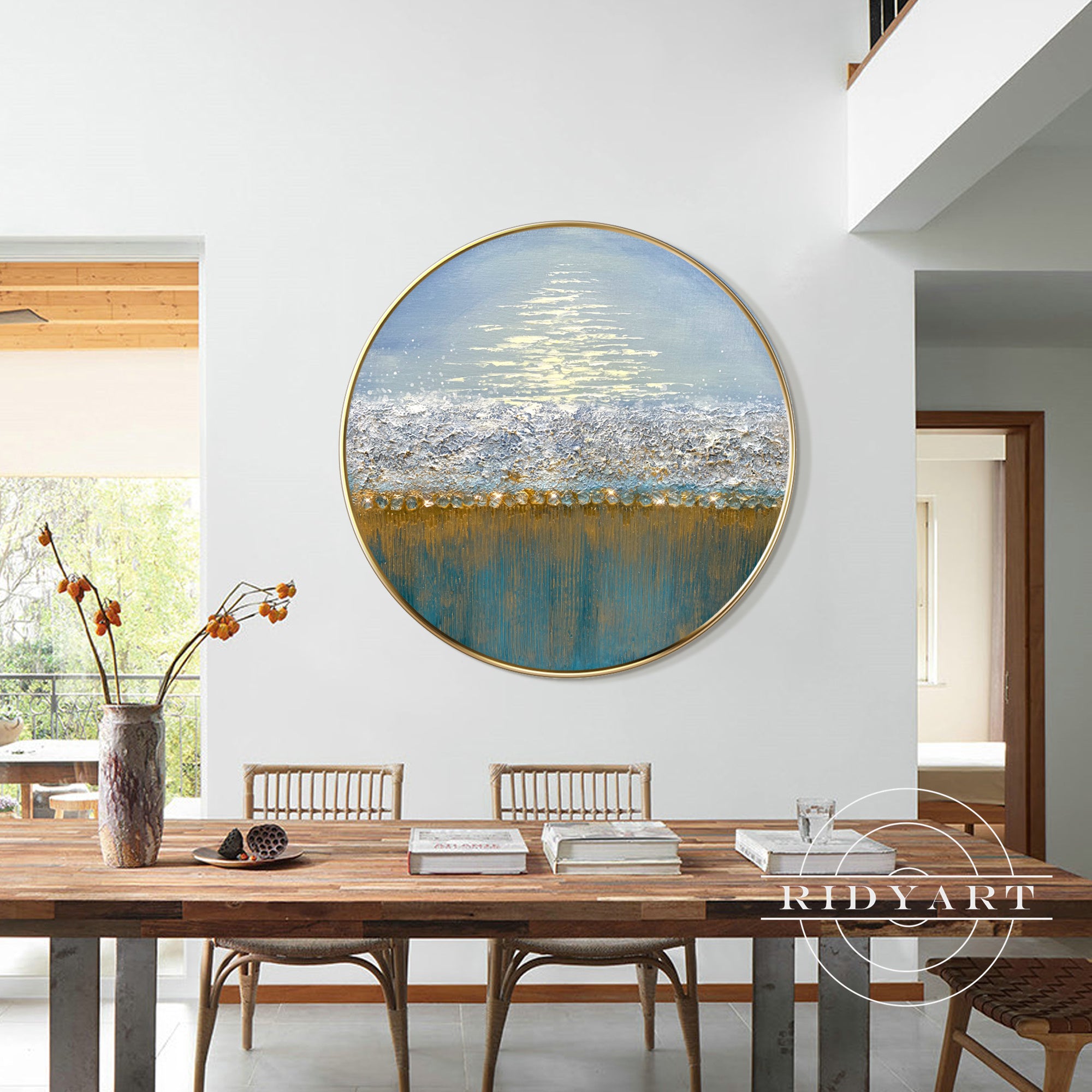 Abstract ocean coastline painting with round frame