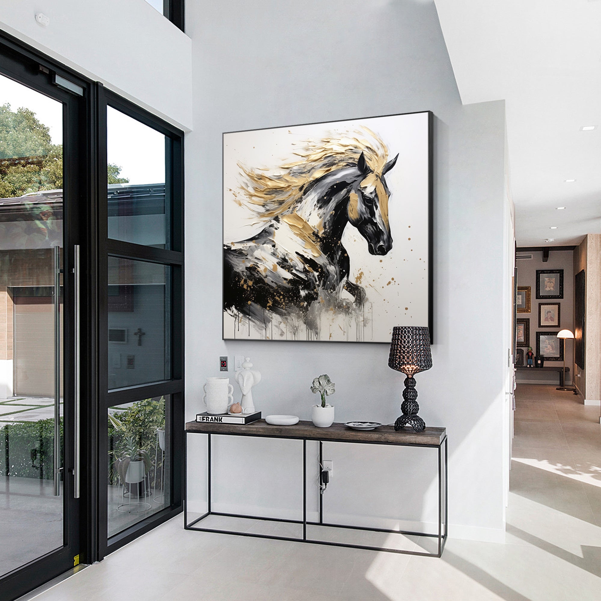 Black and gold textured running horse painting on canvas with metallic accents.