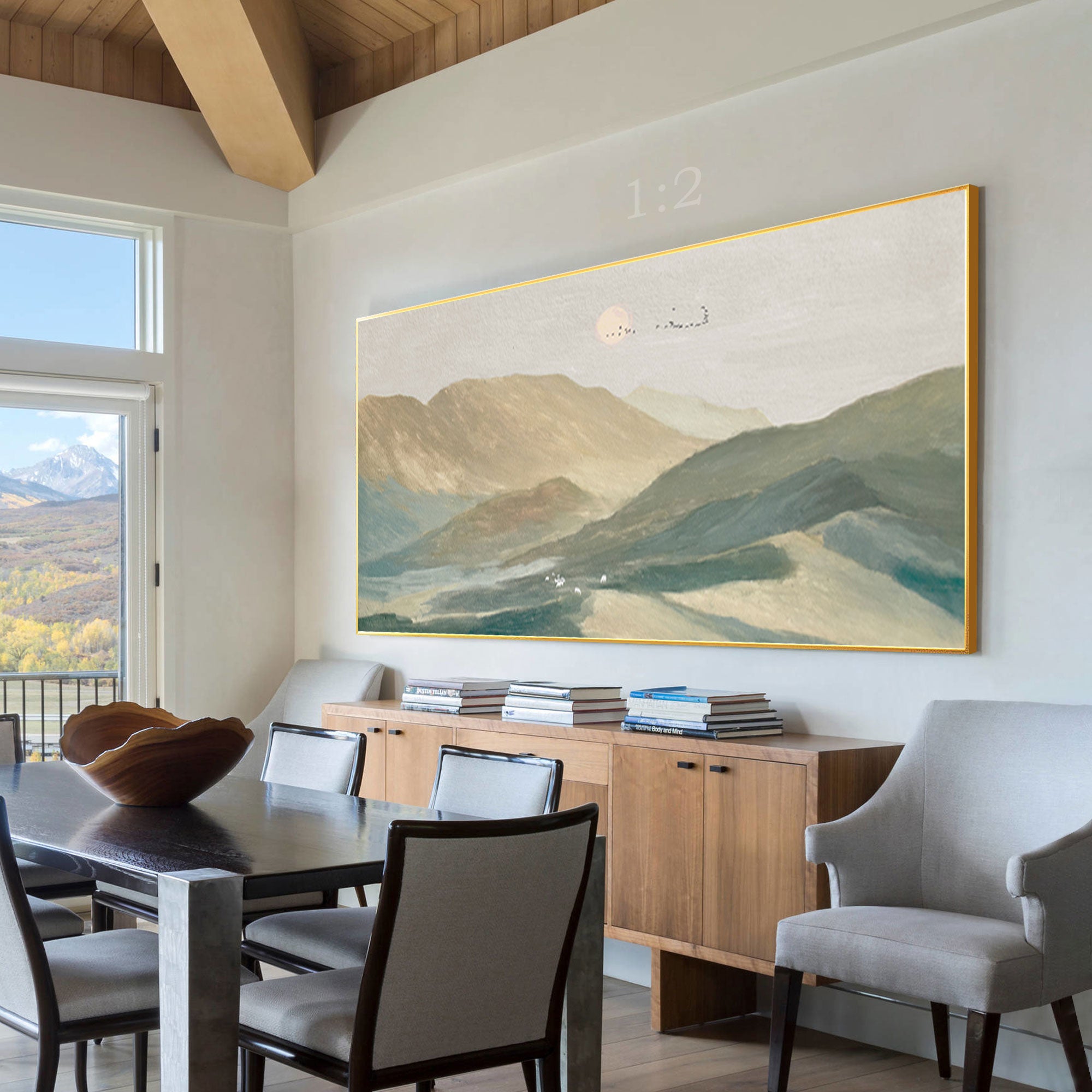 Mountain country landscape oil painting featuring a warm sunset in brown and green tones. Horizontal wall art for farmhouse or rustic living room decor.