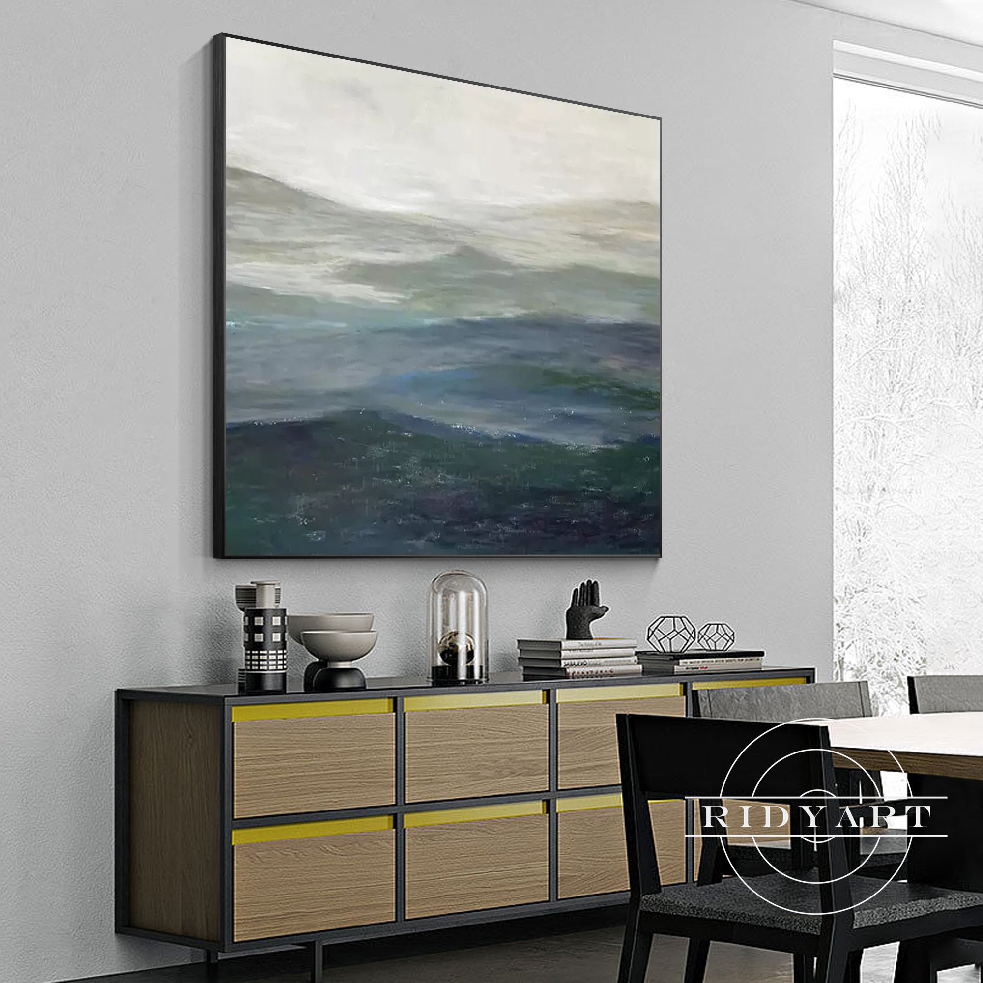 Tranquil abstract mountain scene in gray and sage green