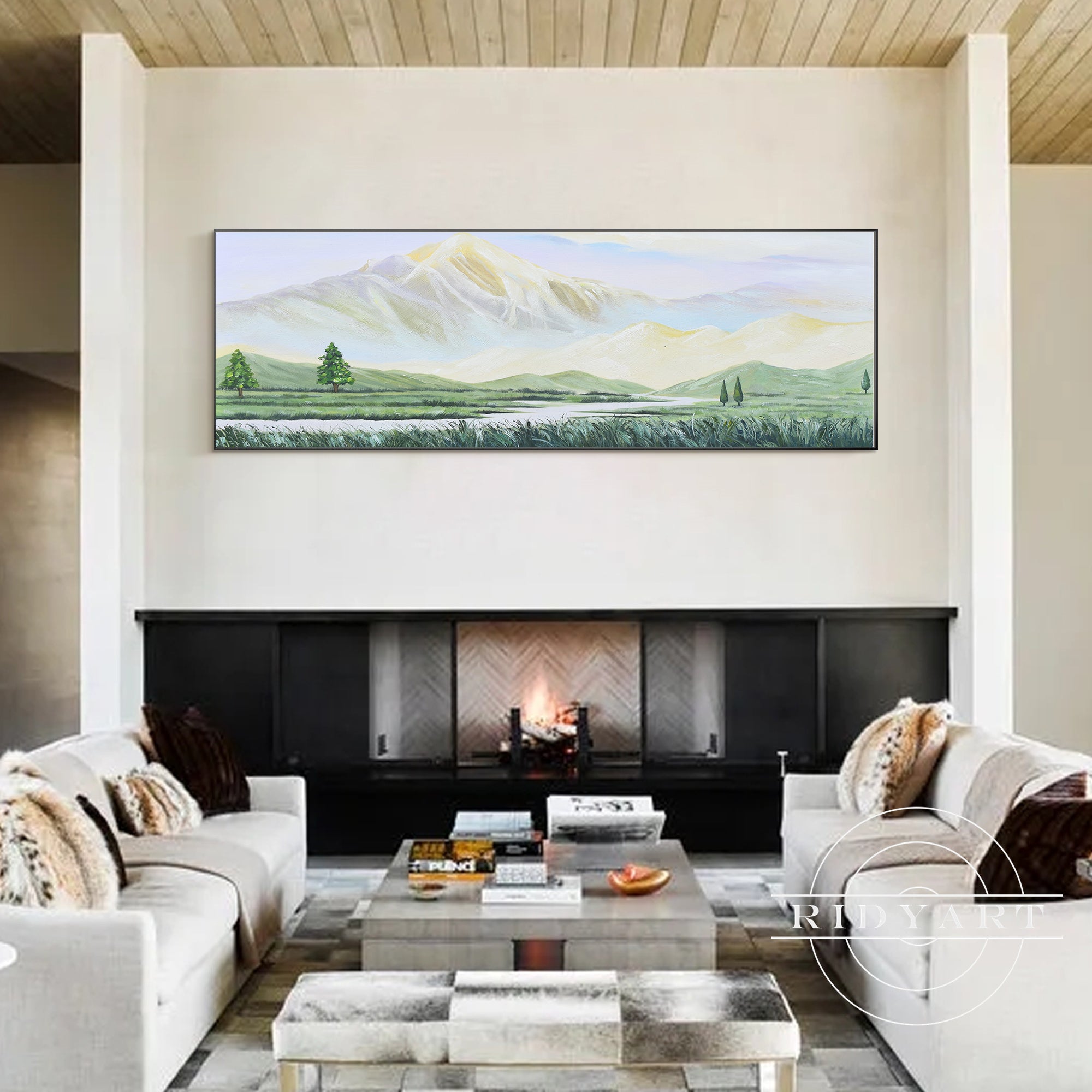 Sage green and gold mountain painting