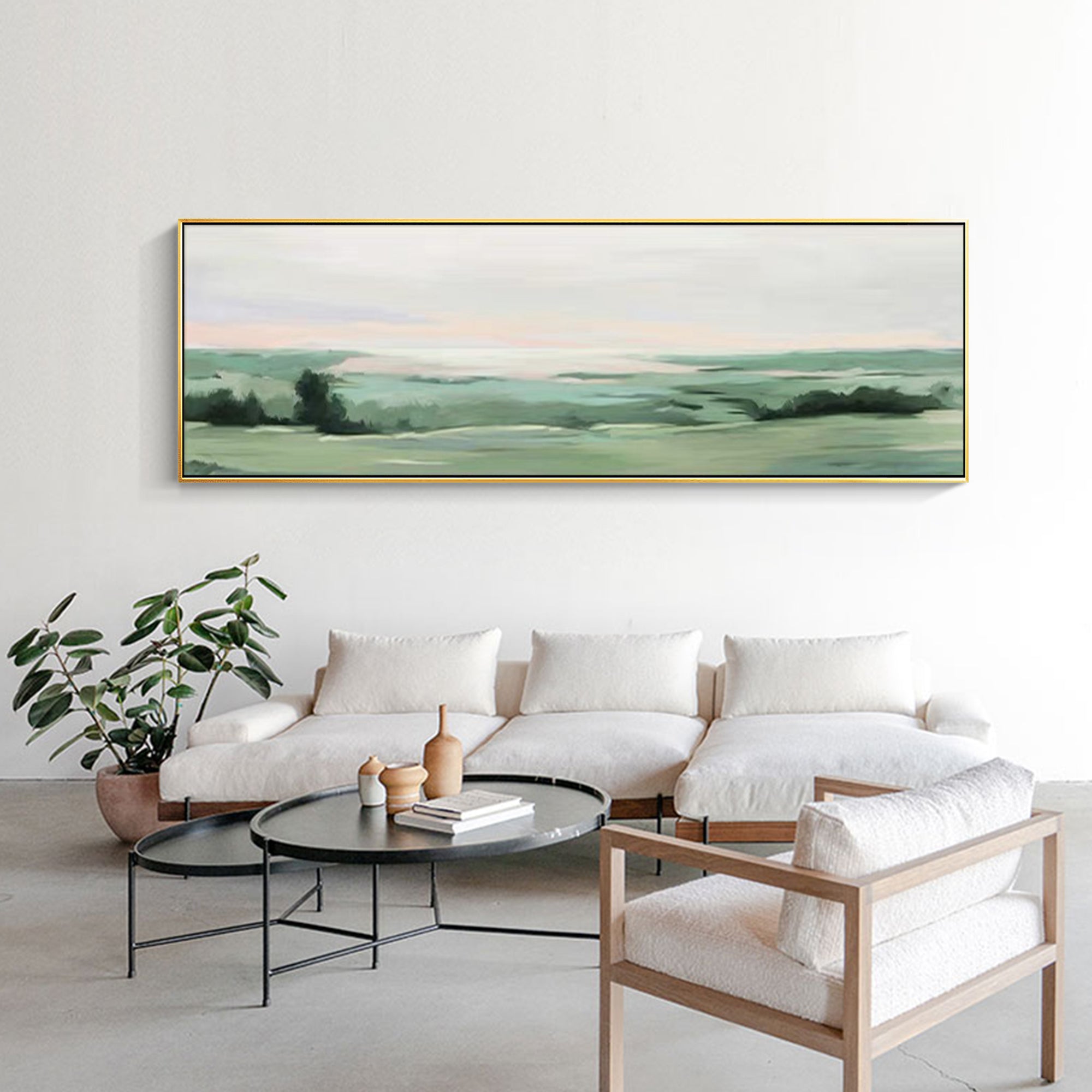 Minimalist scenery painting with soft green palette