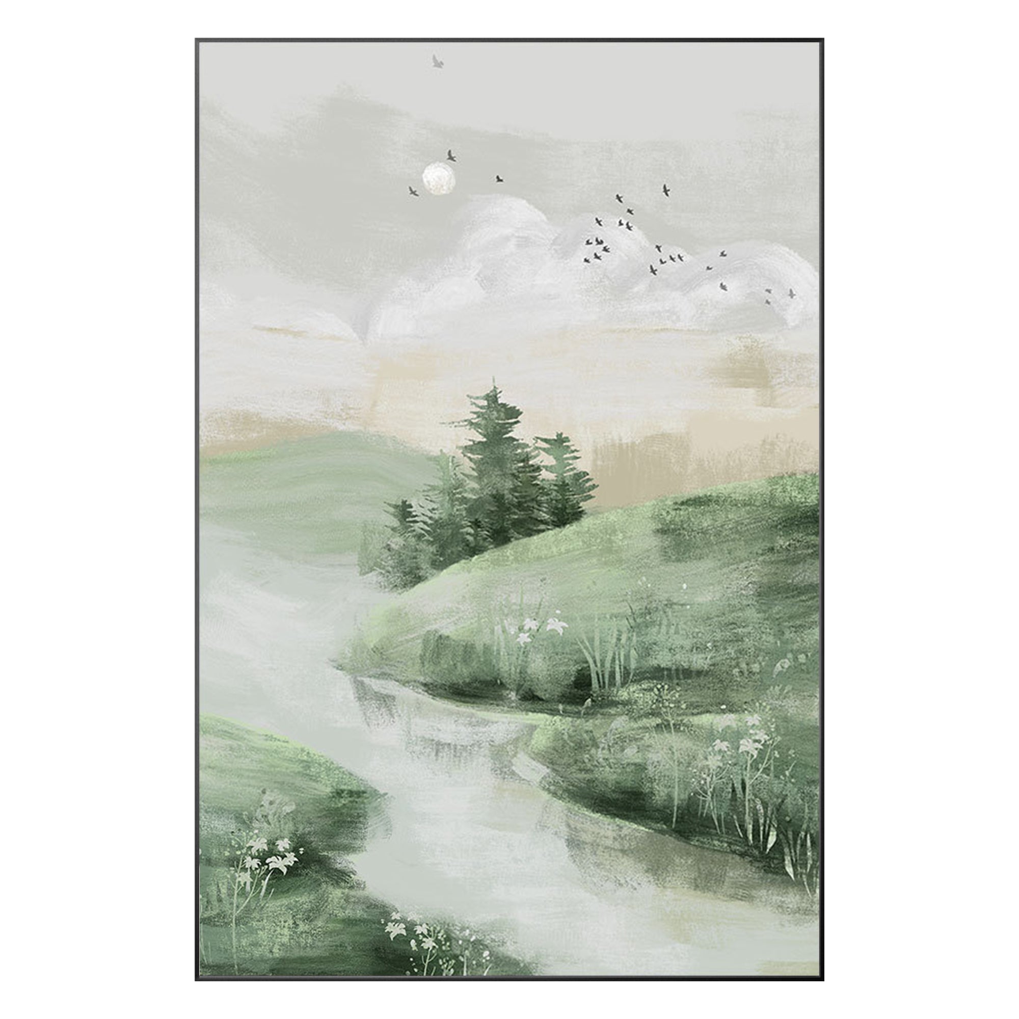 Sage green misty landscape wall art for modern home decor.