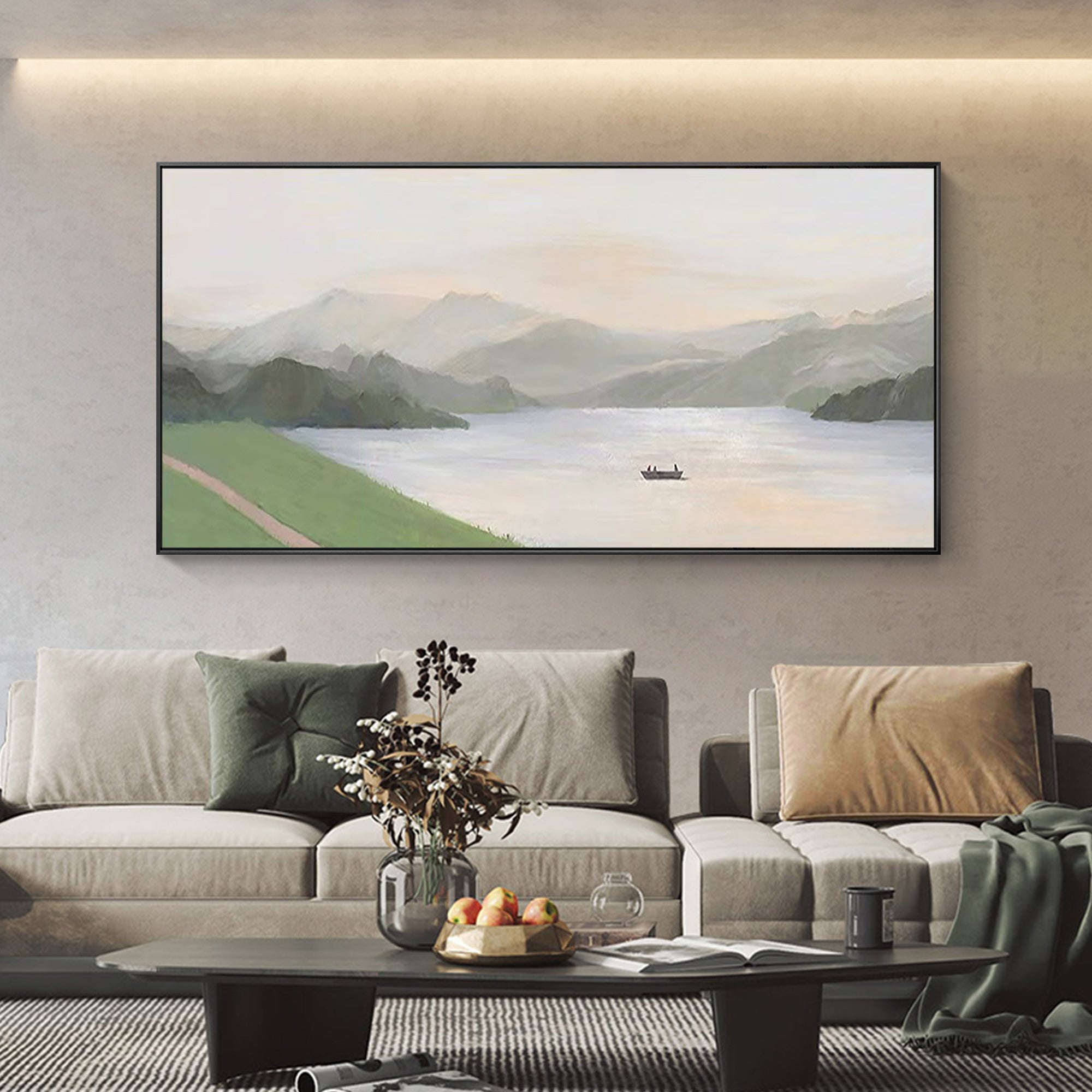 Elegant wall art of a peaceful sage green mountain scene with a reflective lake