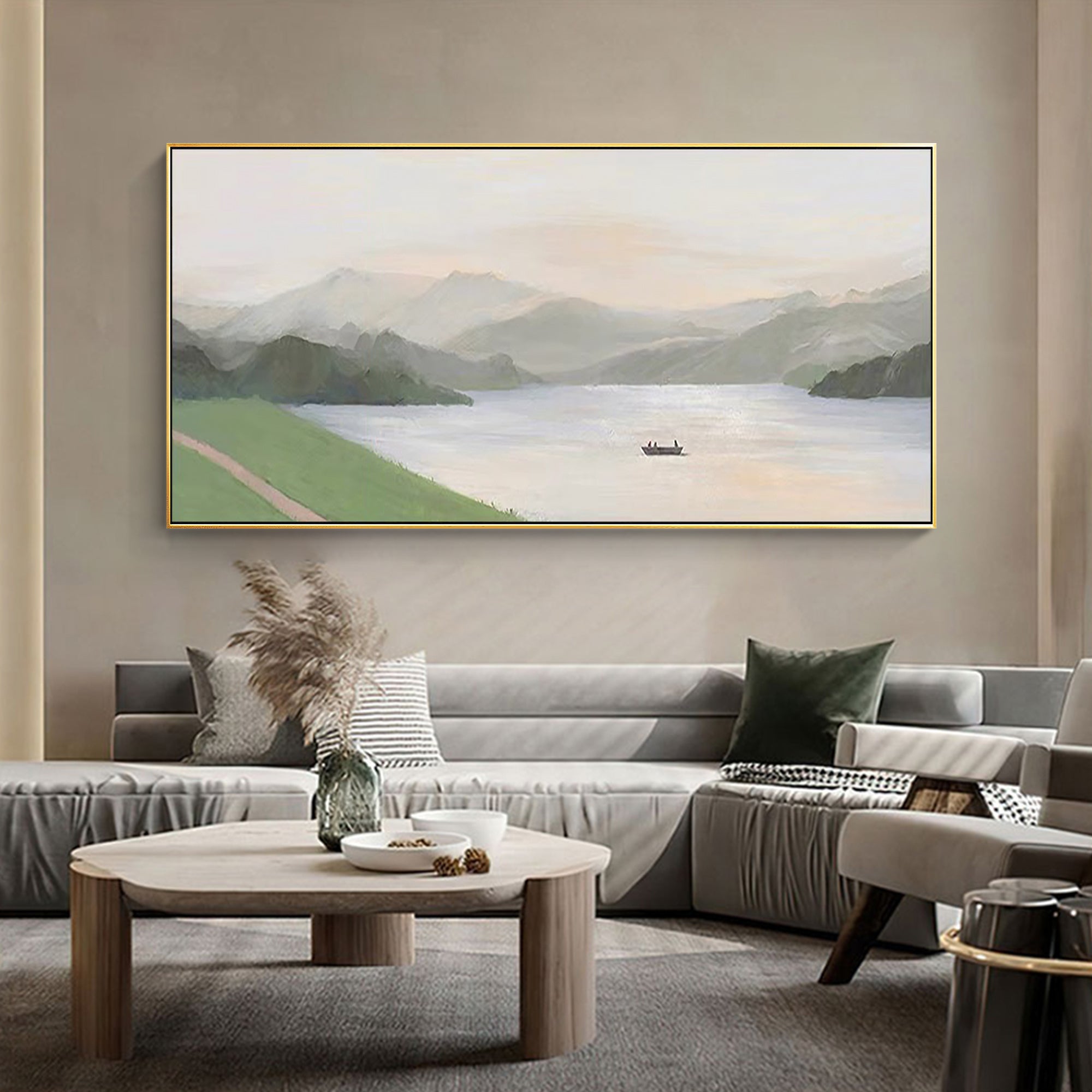 Sage green mountain and lake wall art with serene landscape design