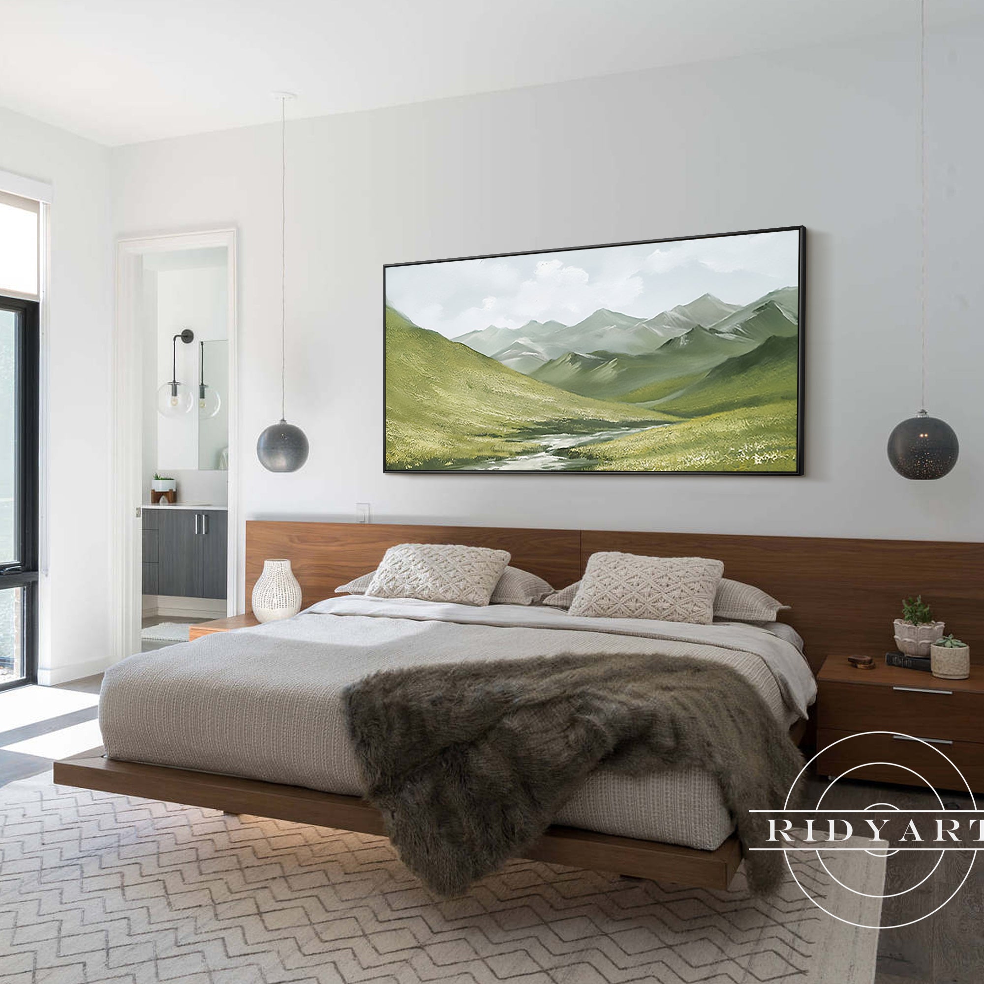 Minimalist landscape artwork in sage green and natural tones