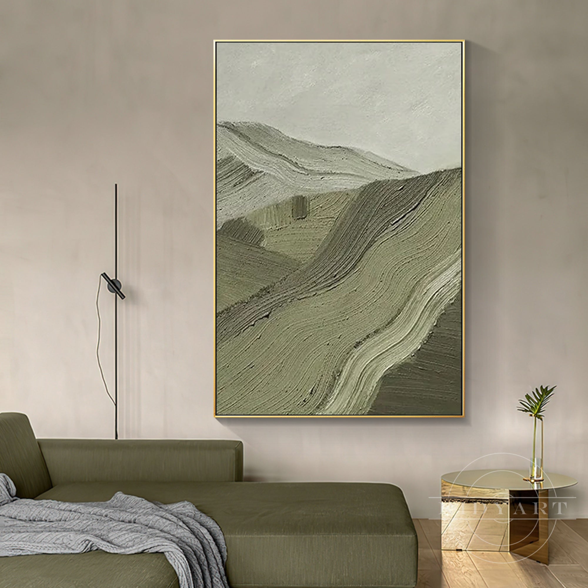 Sage green abstract mountain painting with textured brushstrokes.