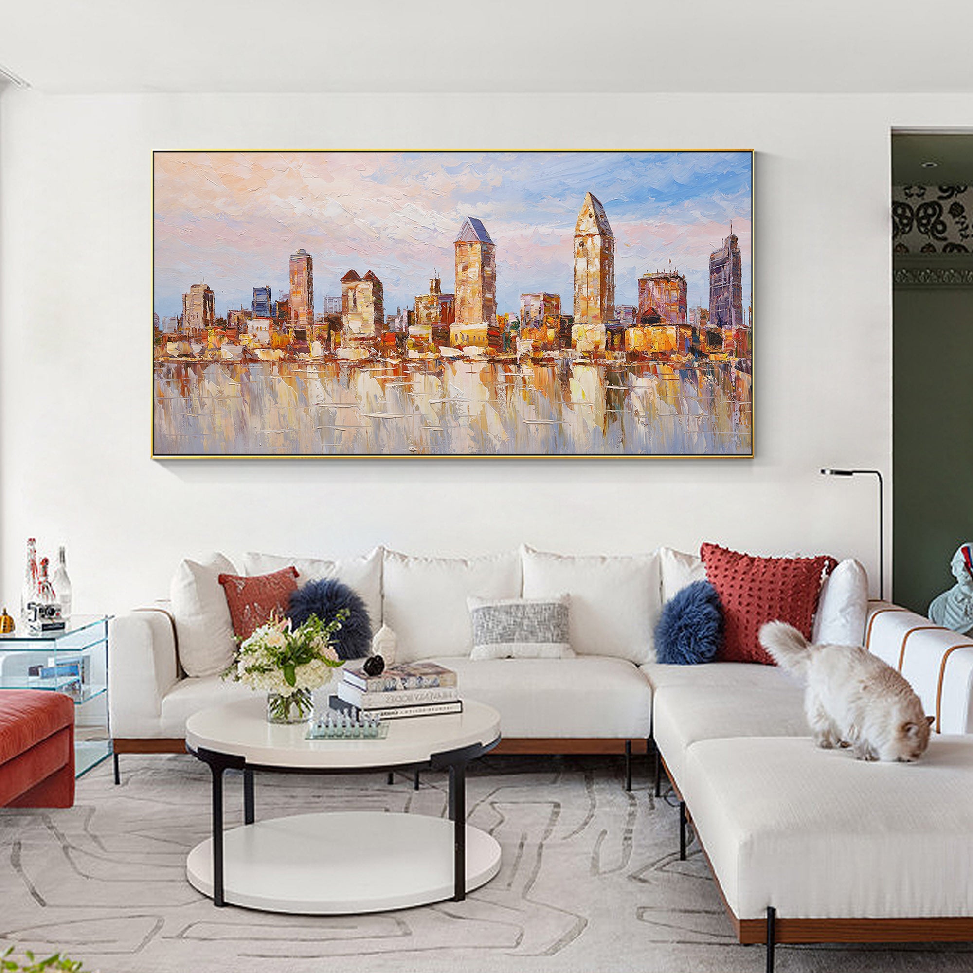 San Diego city skyline oil painting with sunset glow and heavy texture