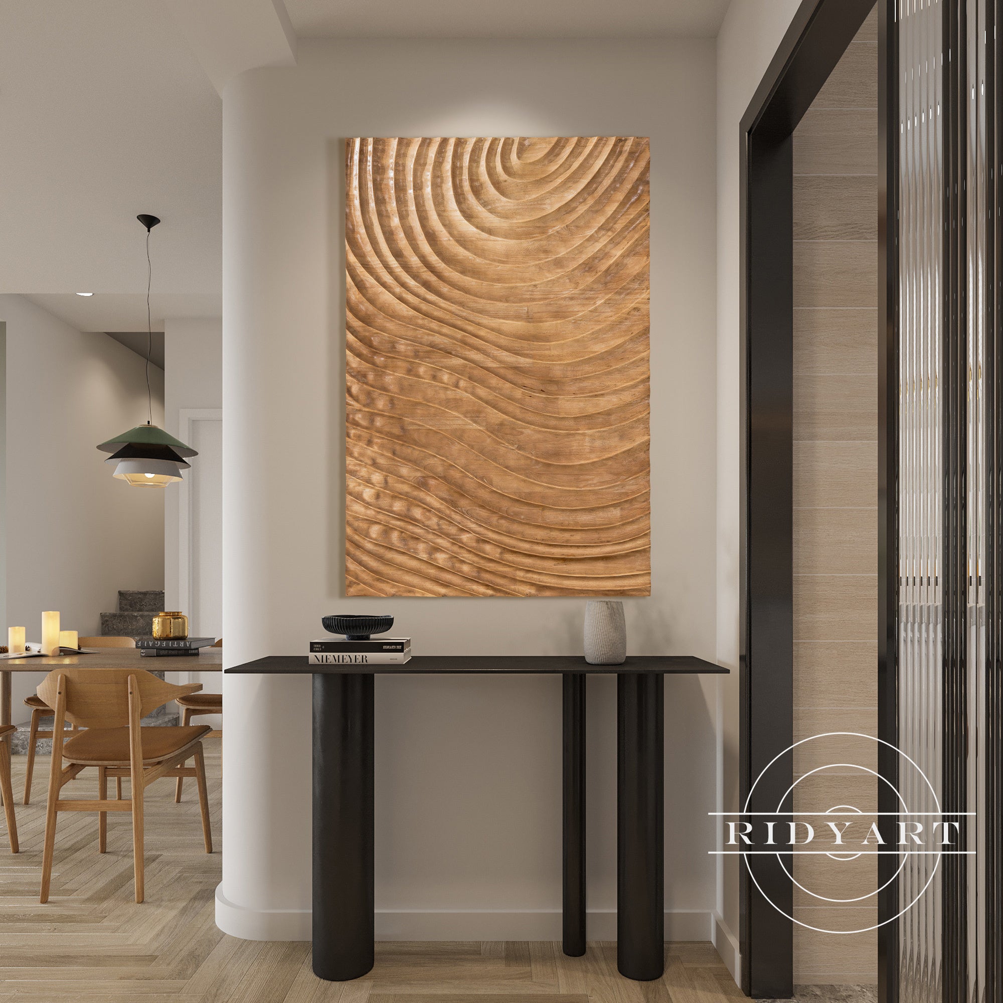 Scandinavian mosaic wood wall decor with geometric design