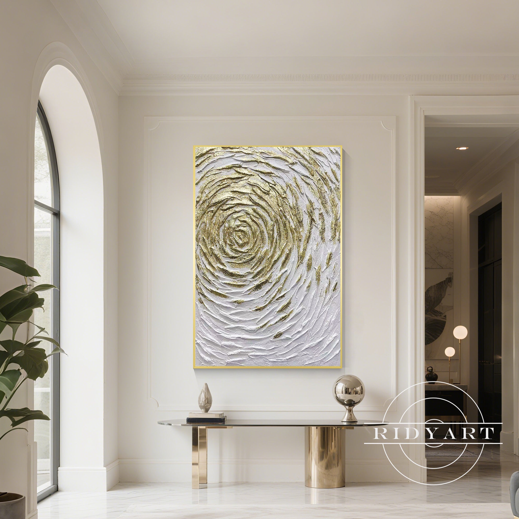 Circular gold fish painting on canvas