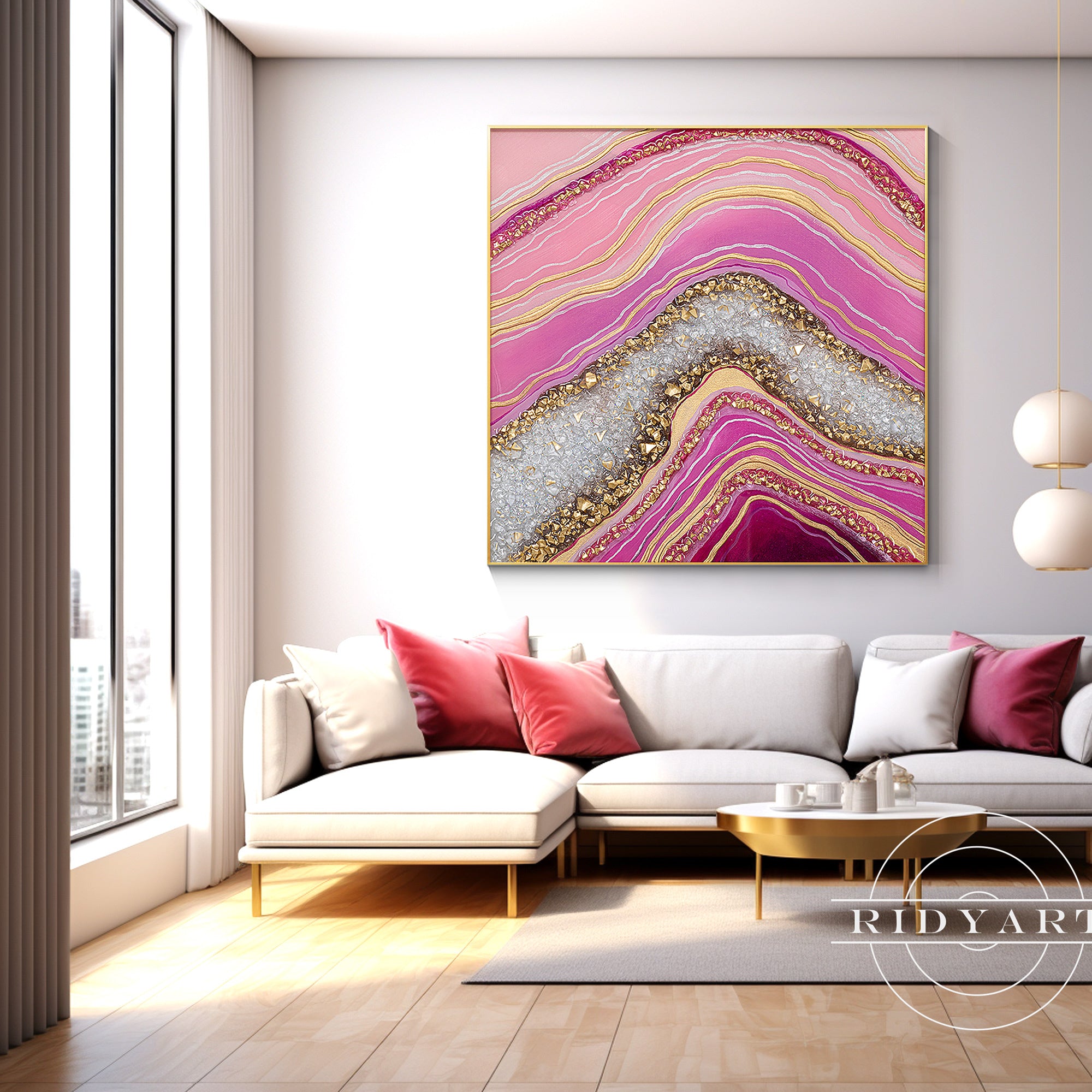 Pink fluid painting with crystal and shimmer textures