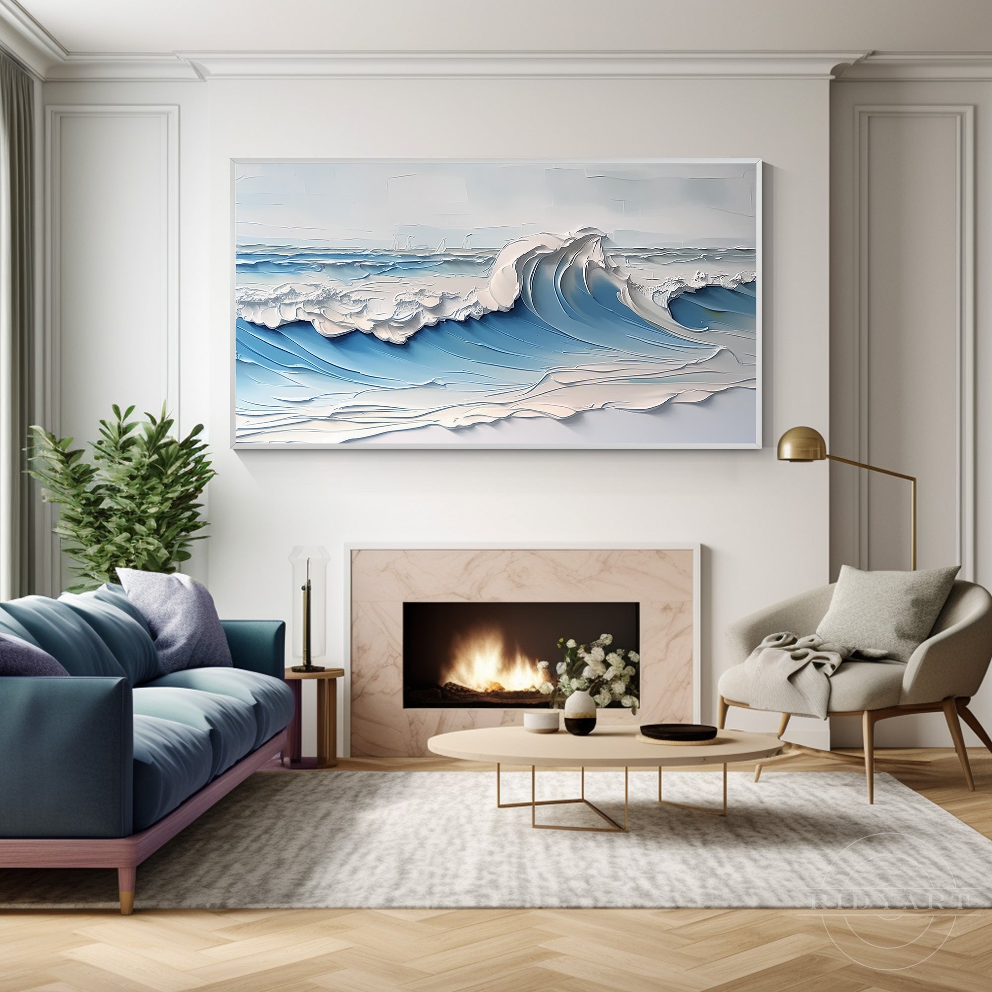 A prominent textured blue and white ocean wave painting on canvas, adding dynamic energy above a fireplace in a luxury living room setting.