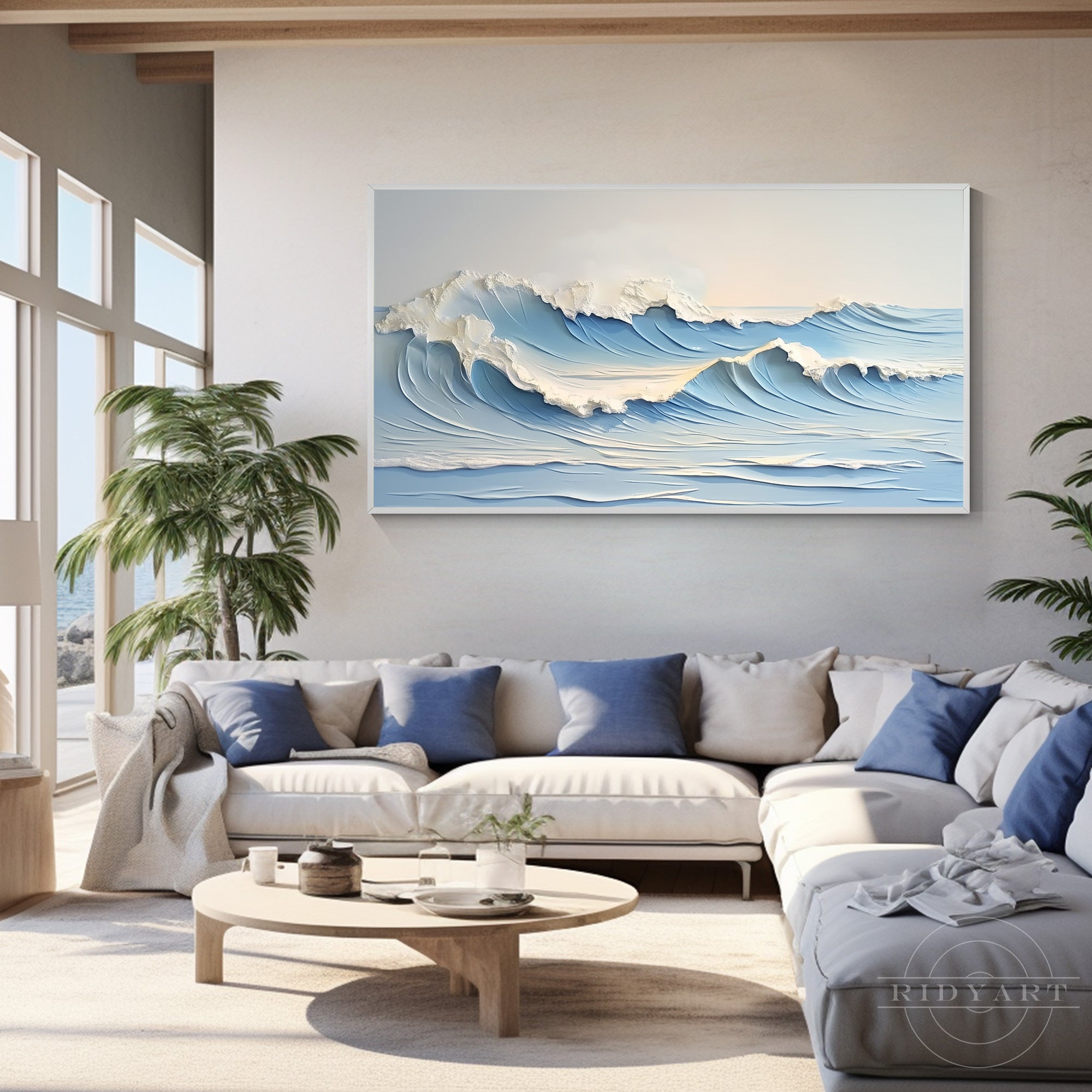 Panoramic textured seascape canvas art showcasing the elegant flow of gentle rolling tides across a wide frame. The canvas harmoniously merges soothing sky blue and crisp seafoam white, projecting a serene sense of modern coastal sophistication in an open-concept home.