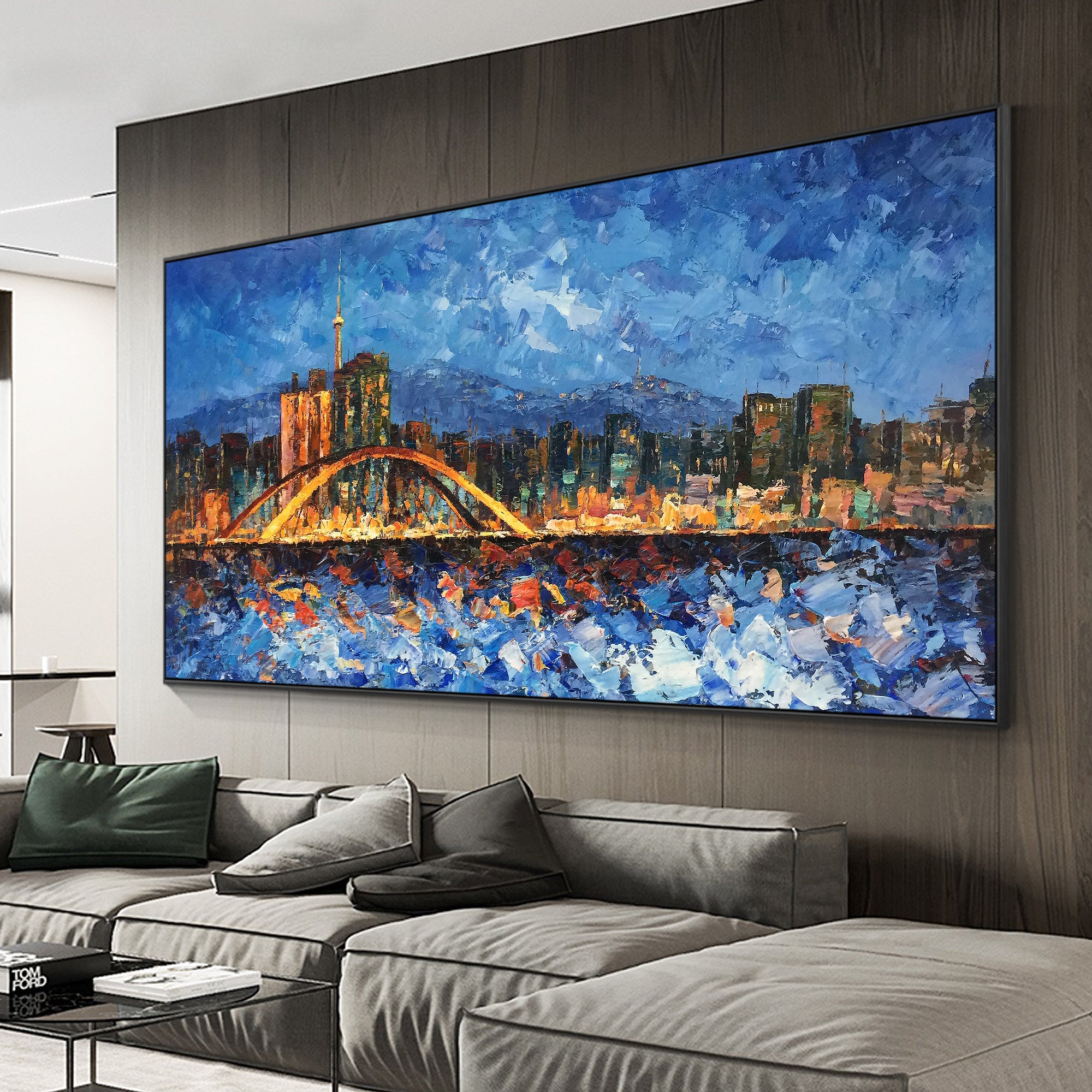 Seoul cityscape oil painting with blue and orange textures.