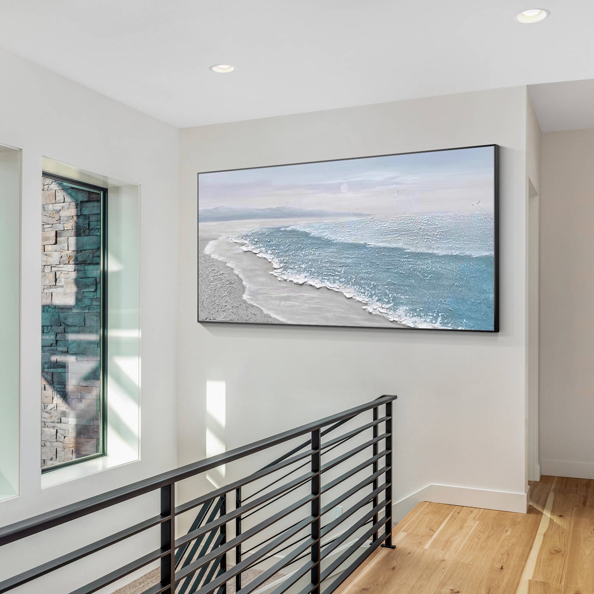 Blue-gray beach painting with textured details, ideal for living room wall art.