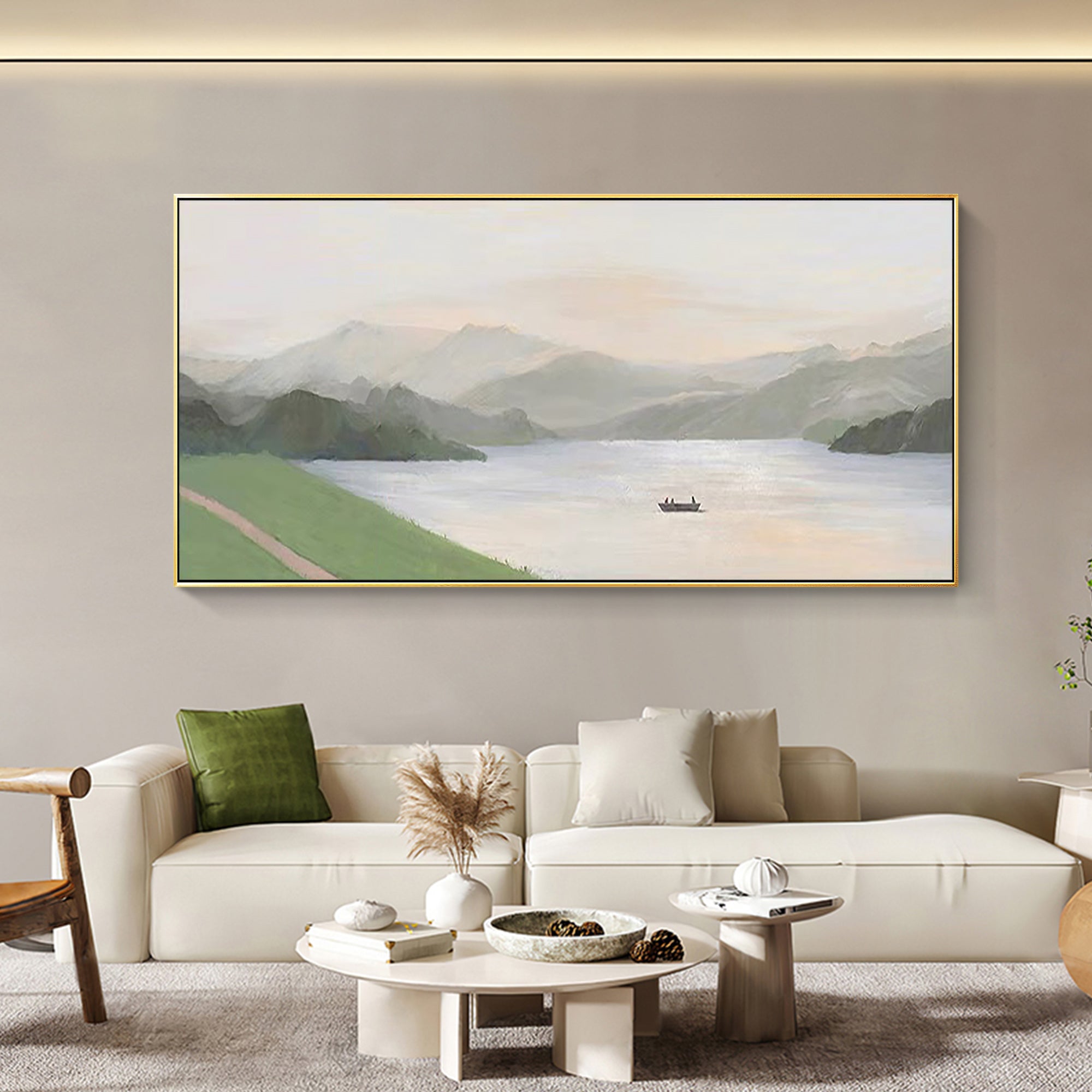 Nature-inspired wall art featuring mountains and a tranquil lake in sage green tones
