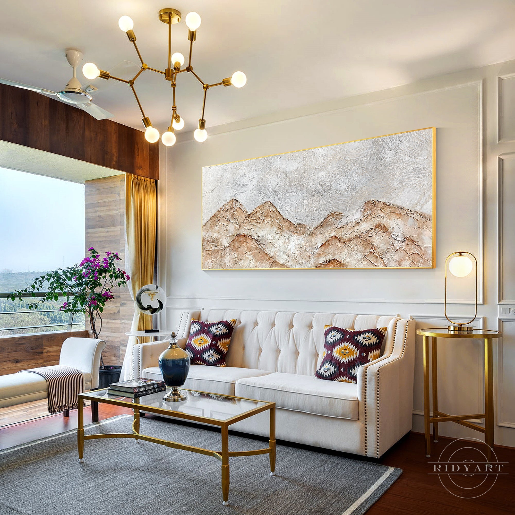 Brown gray abstract mountain landscape painting on canvas.