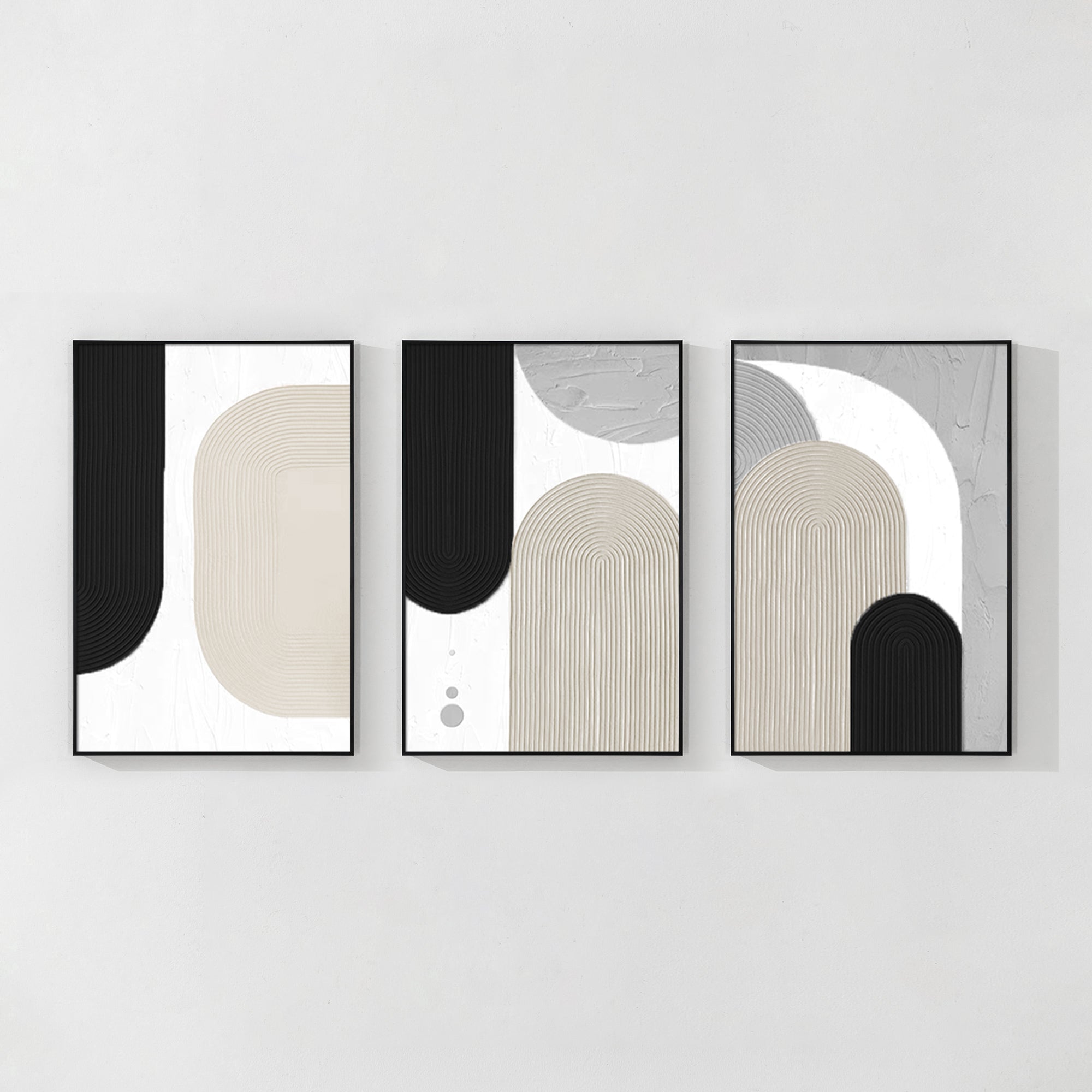 Set of 3 neutral gray and black abstract geometric wall art
