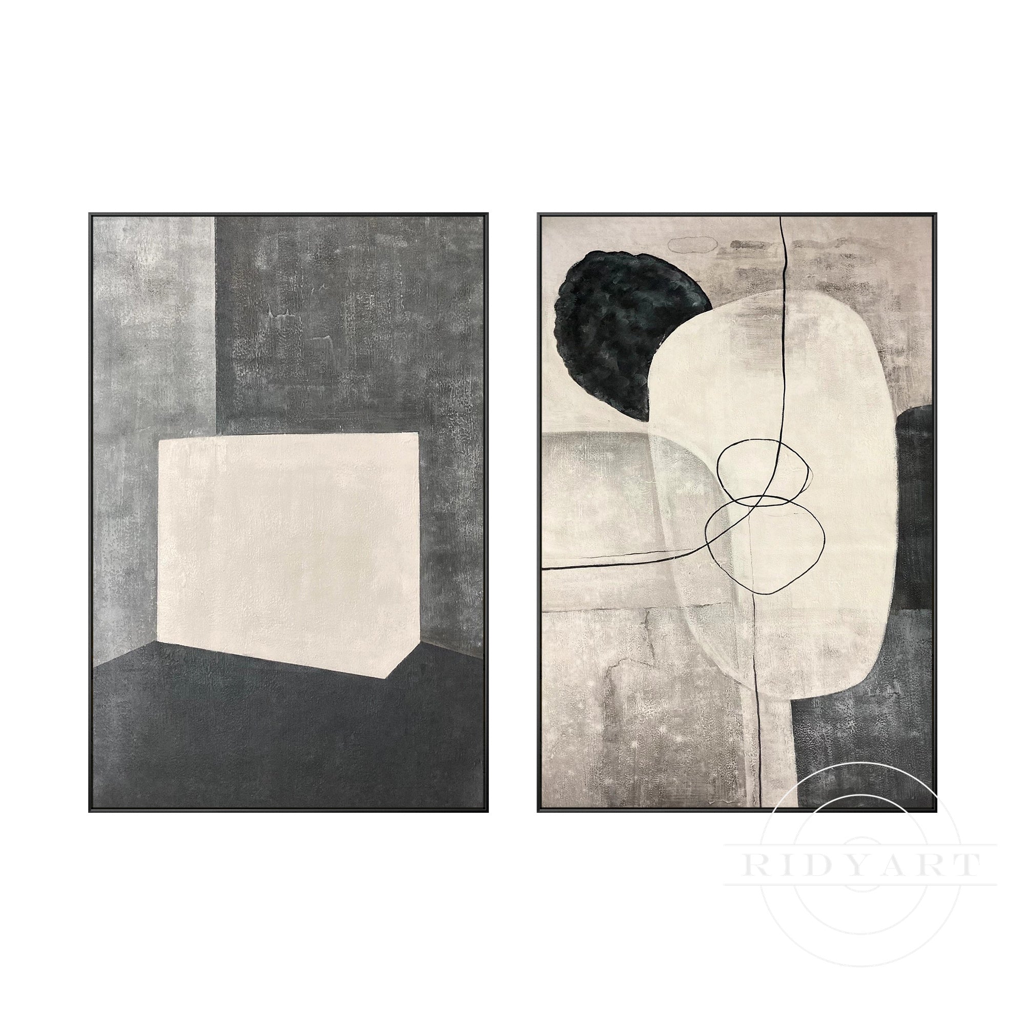 Set of 2 beige and grey abstract geometric paintings