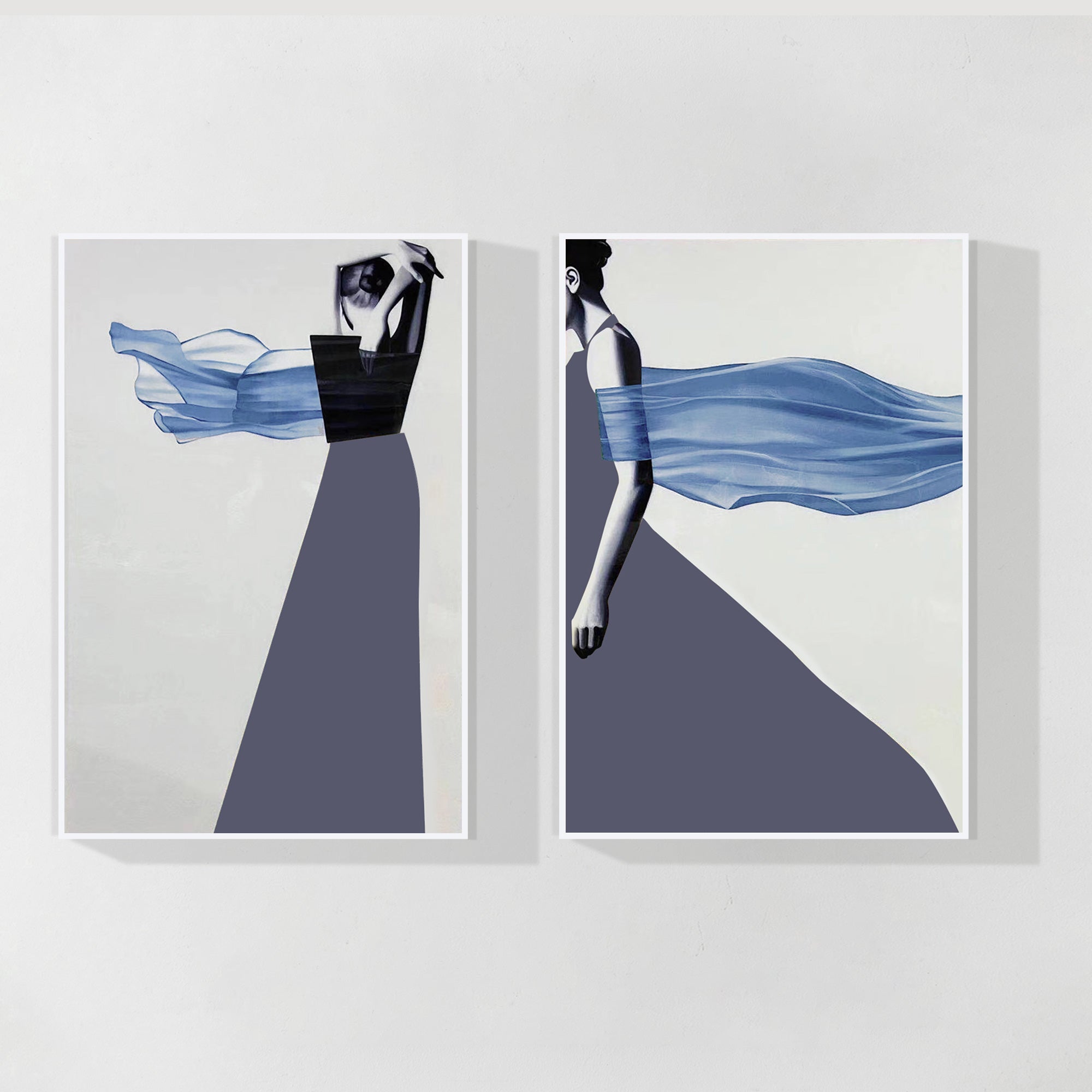 Set of 2 navy blue abstract dancer canvas paintings