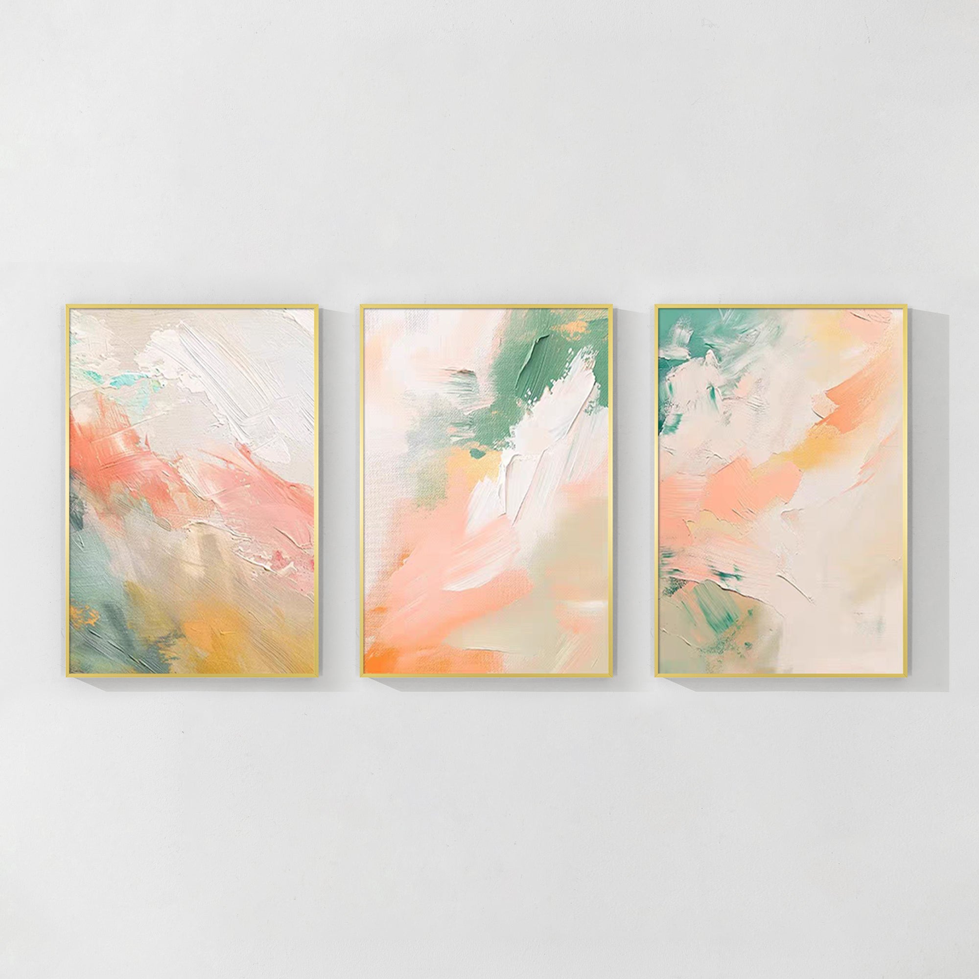 Set of 3 abstract wall art pieces in green, pink, and beige tones.