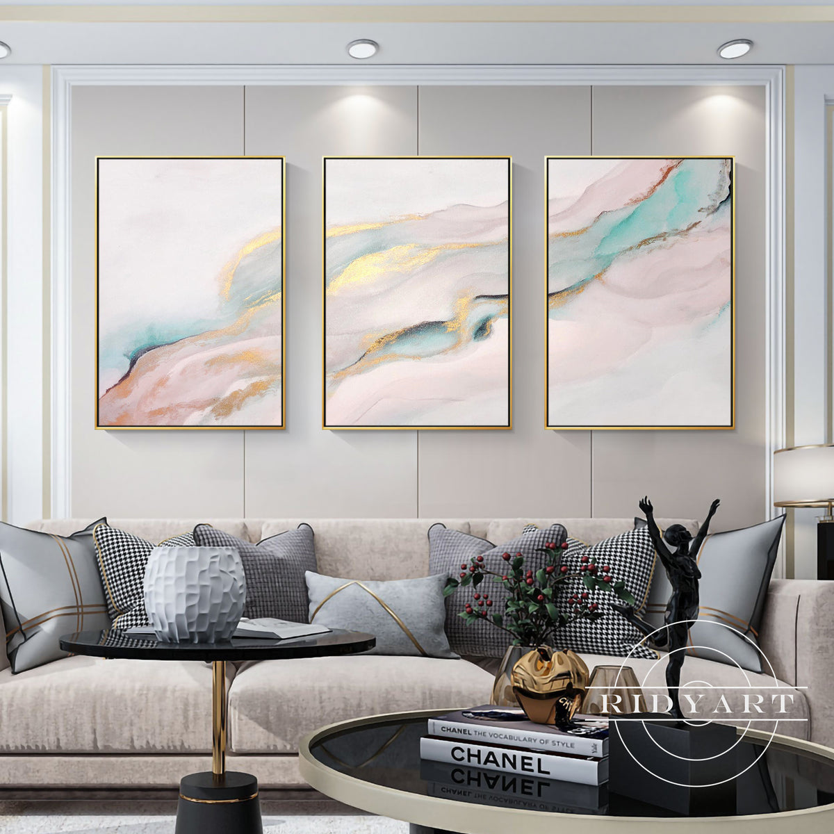 Set of 3 Abstract Teal Gold Pink Wall Art | Framed Canvas Decor