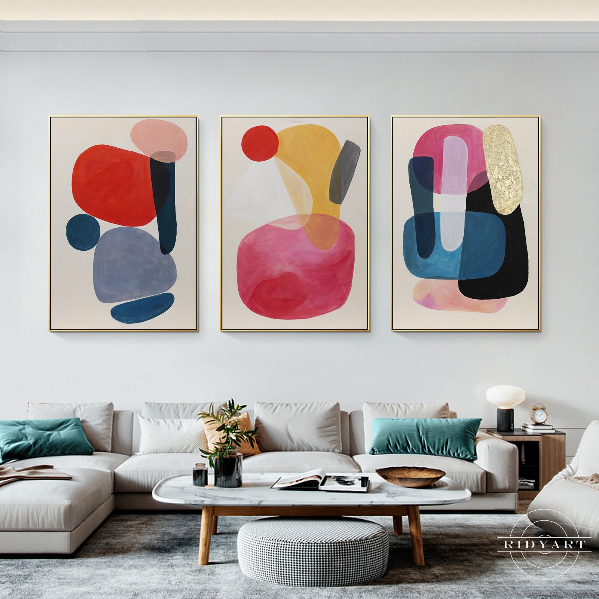 Set of 3 geometric abstract paintings with pink and gold