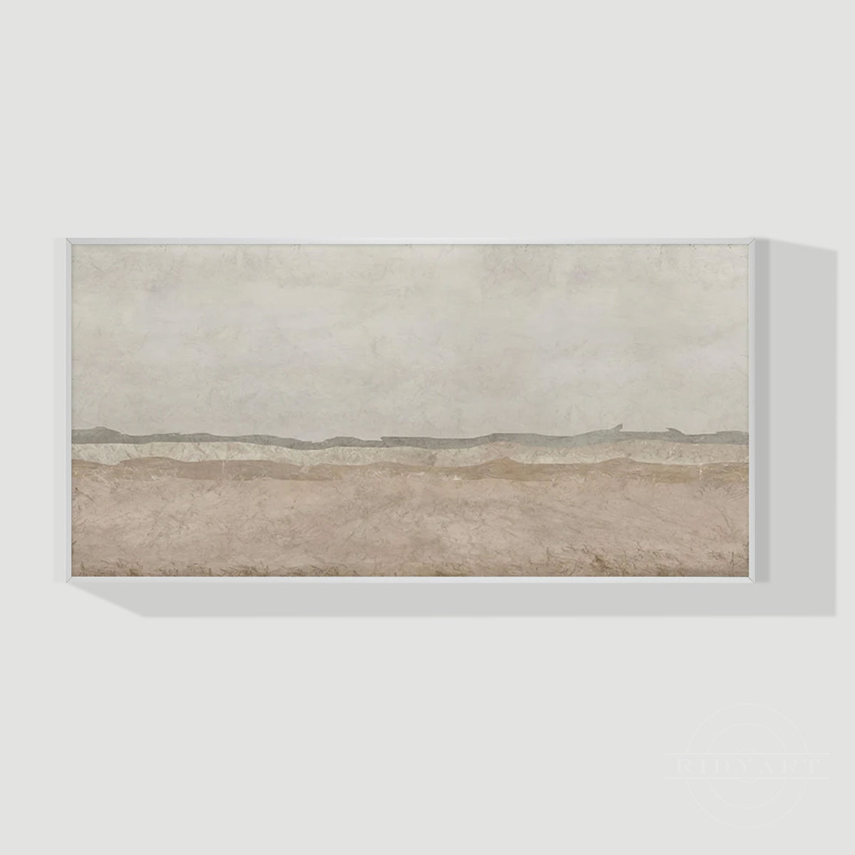 Large horizontal minimalist abstract landscape canvas painting featuring beige, muted gray, and sand color tones in a modern living room setup.