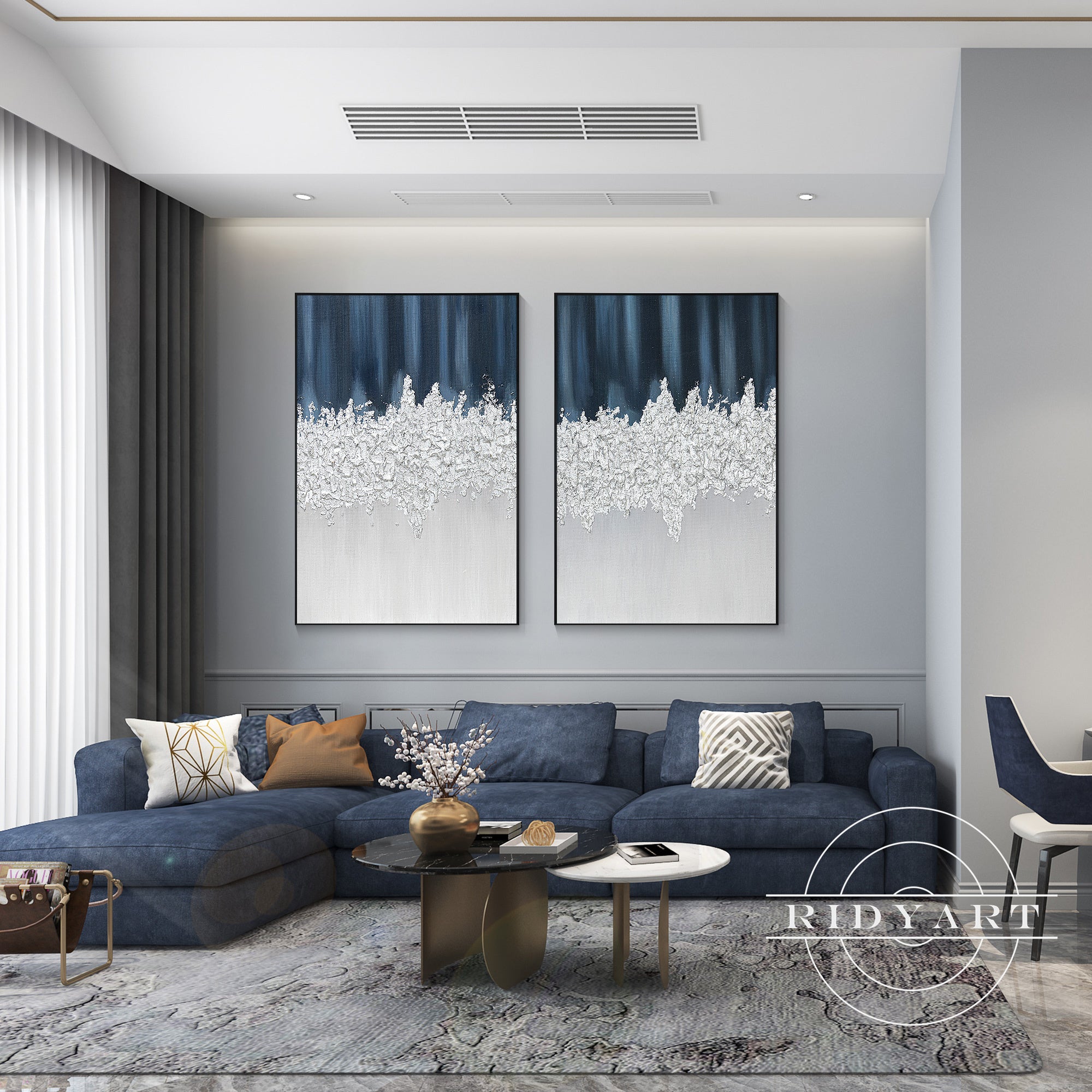 Extra large blue and silver textured artwork