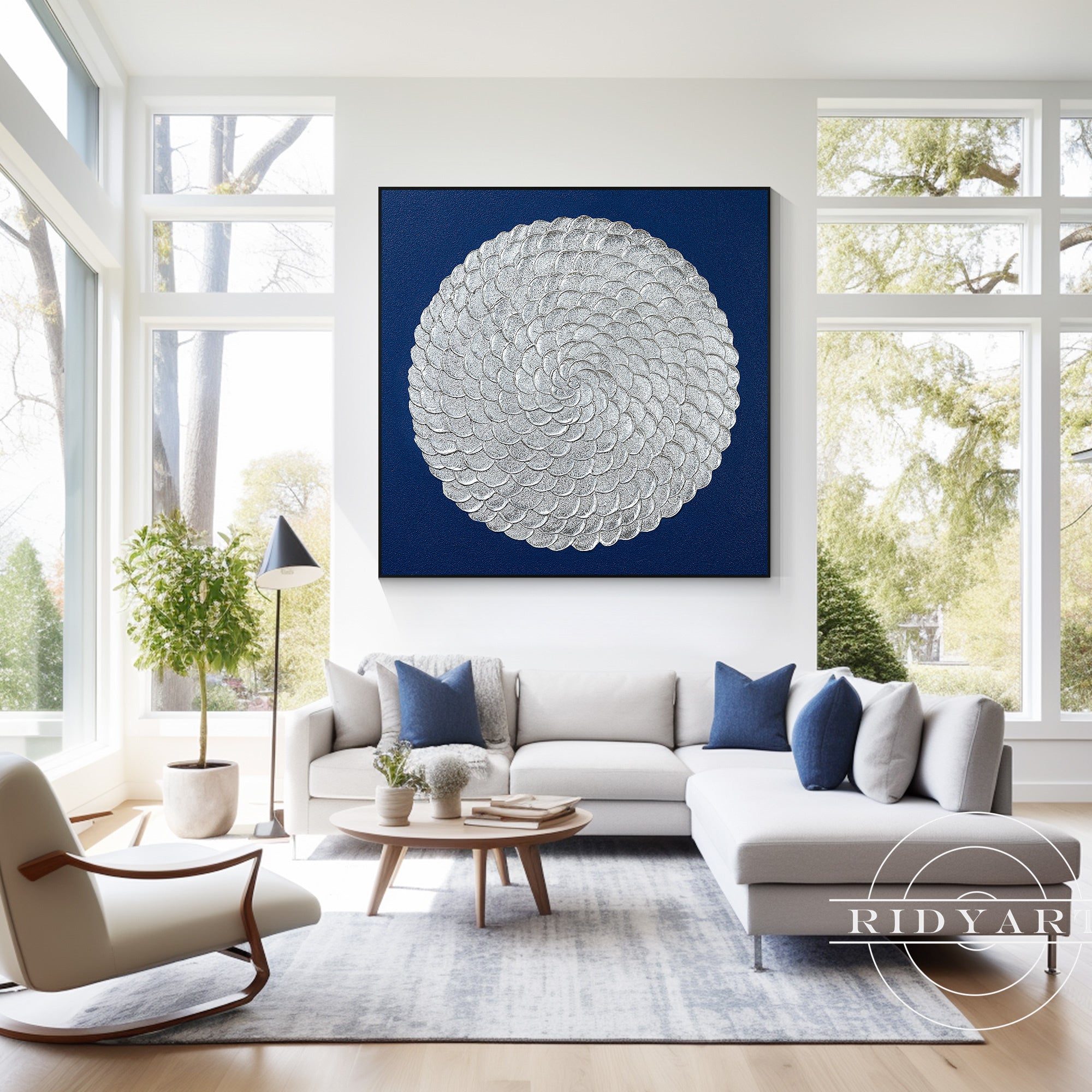 3D textured navy canvas art with silver metallic leaf accents