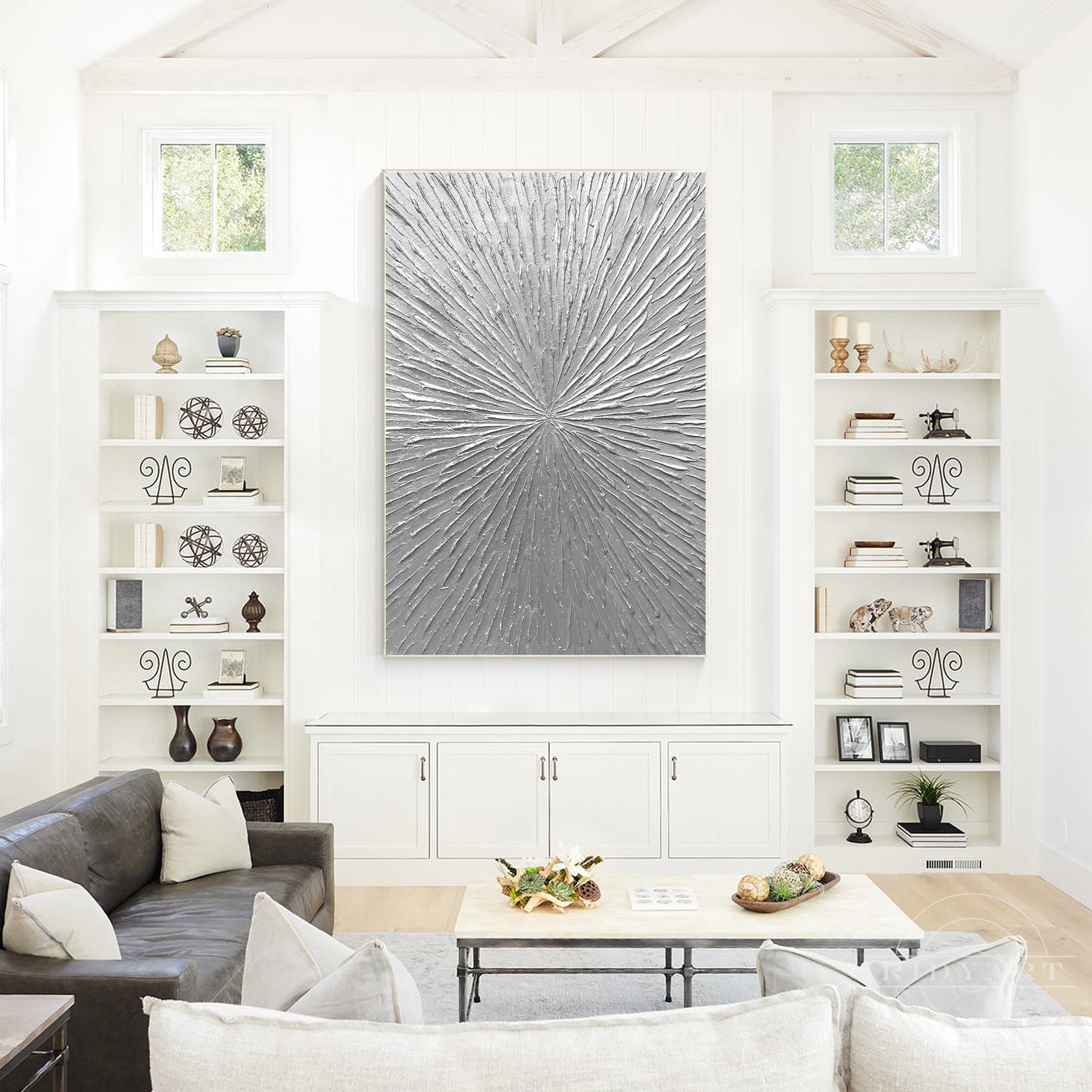 Silver rays abstract thick textured minimalist painting.