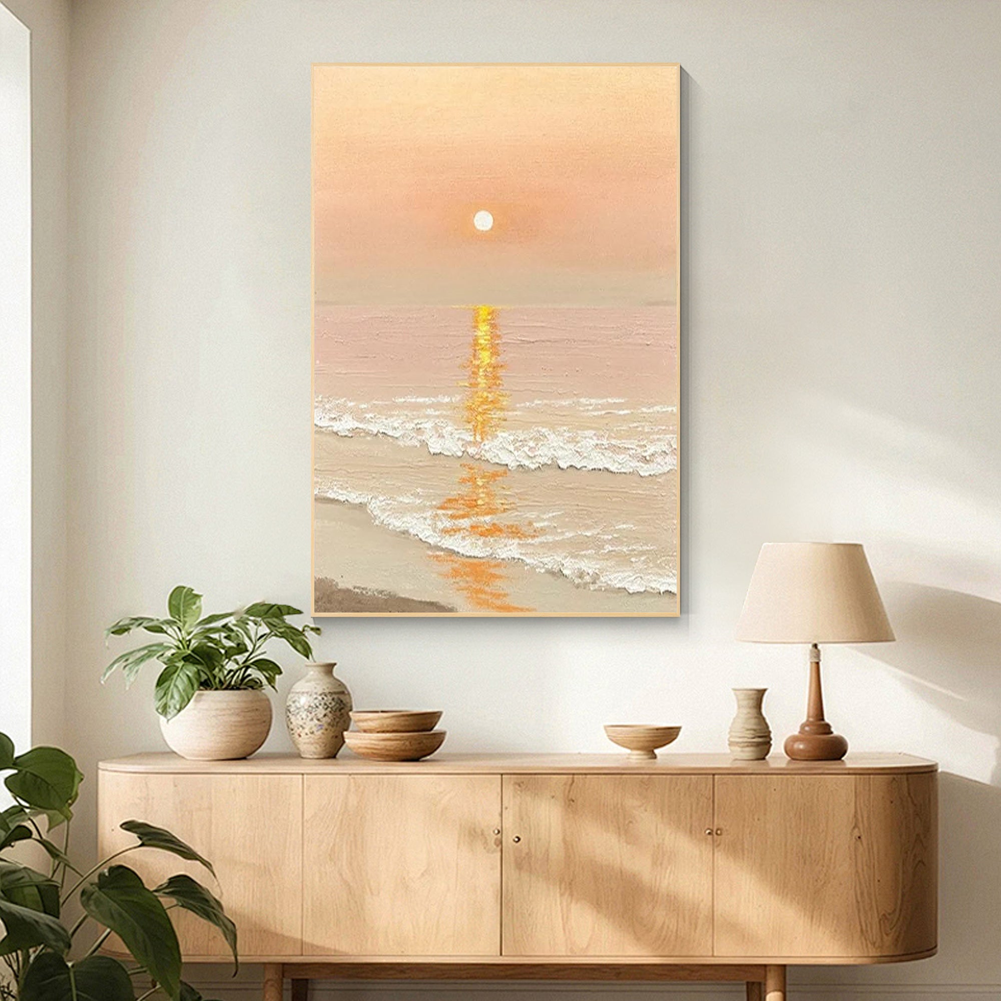 Smoky sunrise ocean wall art with golden sun handmade canvas