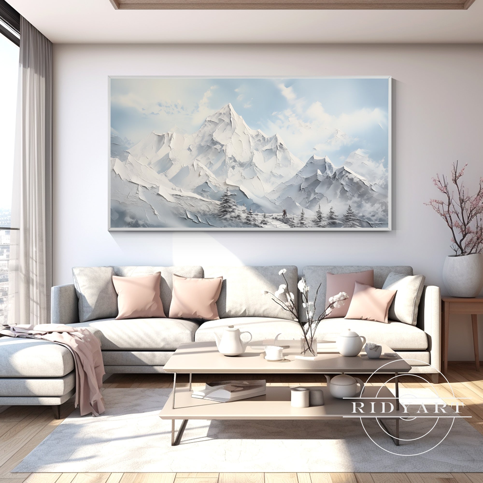 Original abstract painting of winter mountains