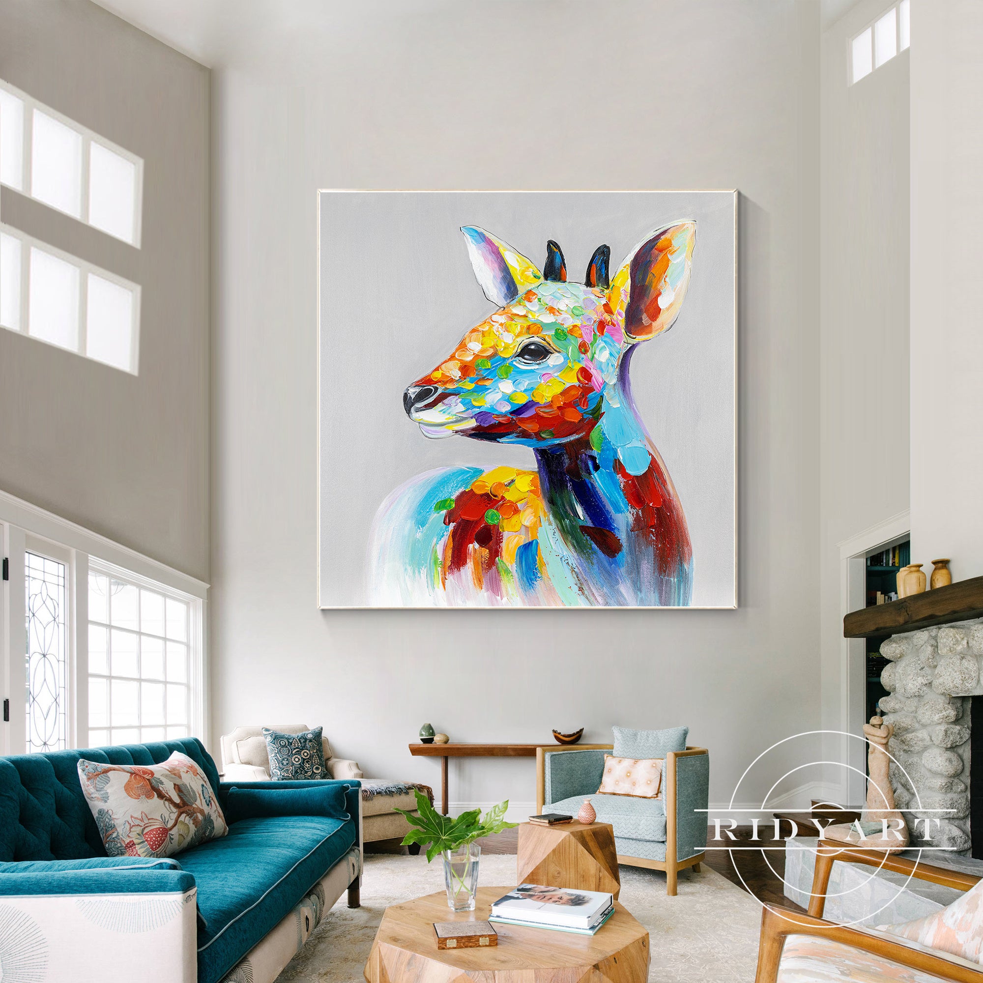 Framed vibrant deer artwork