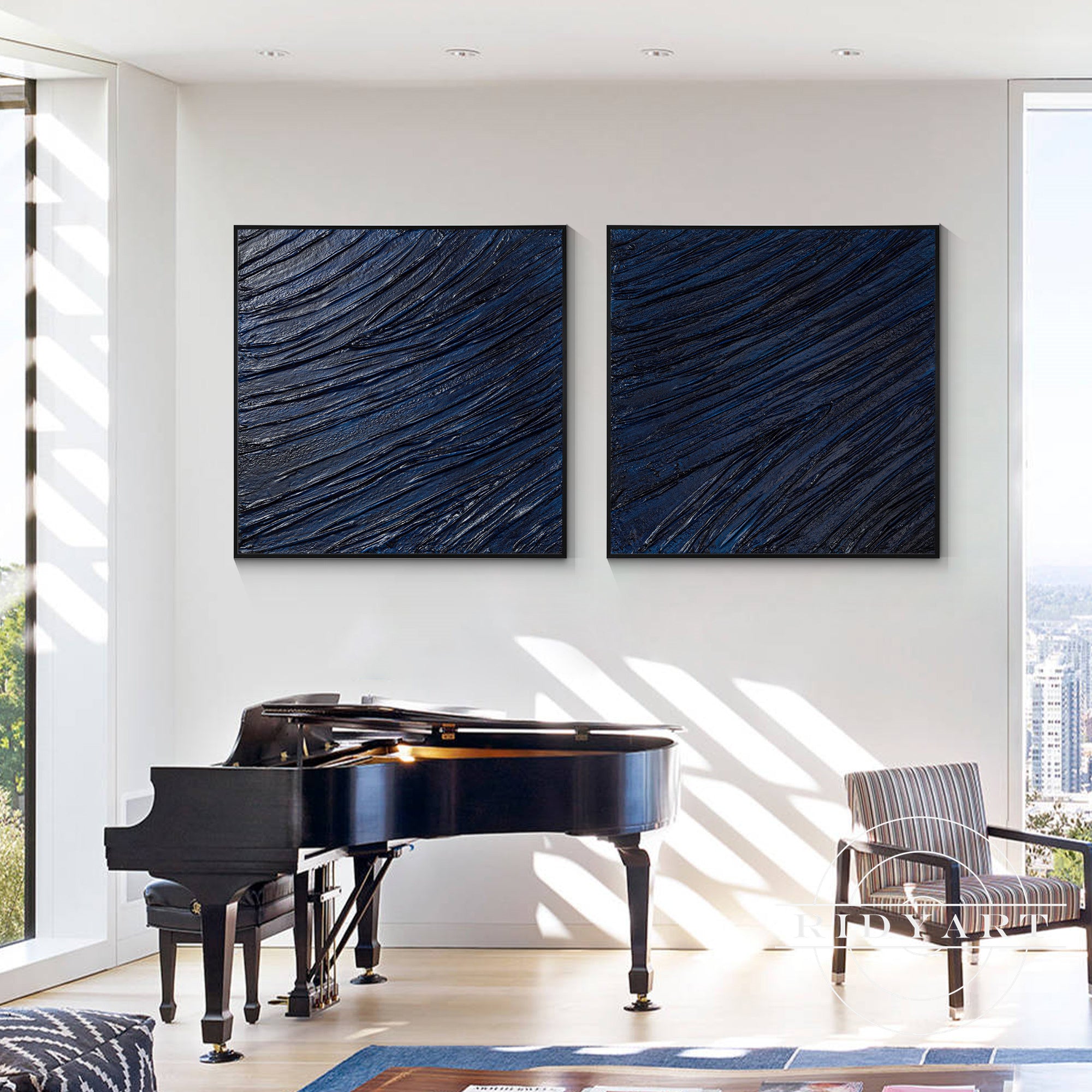 Abstract line art on canvas in deep navy blue tones