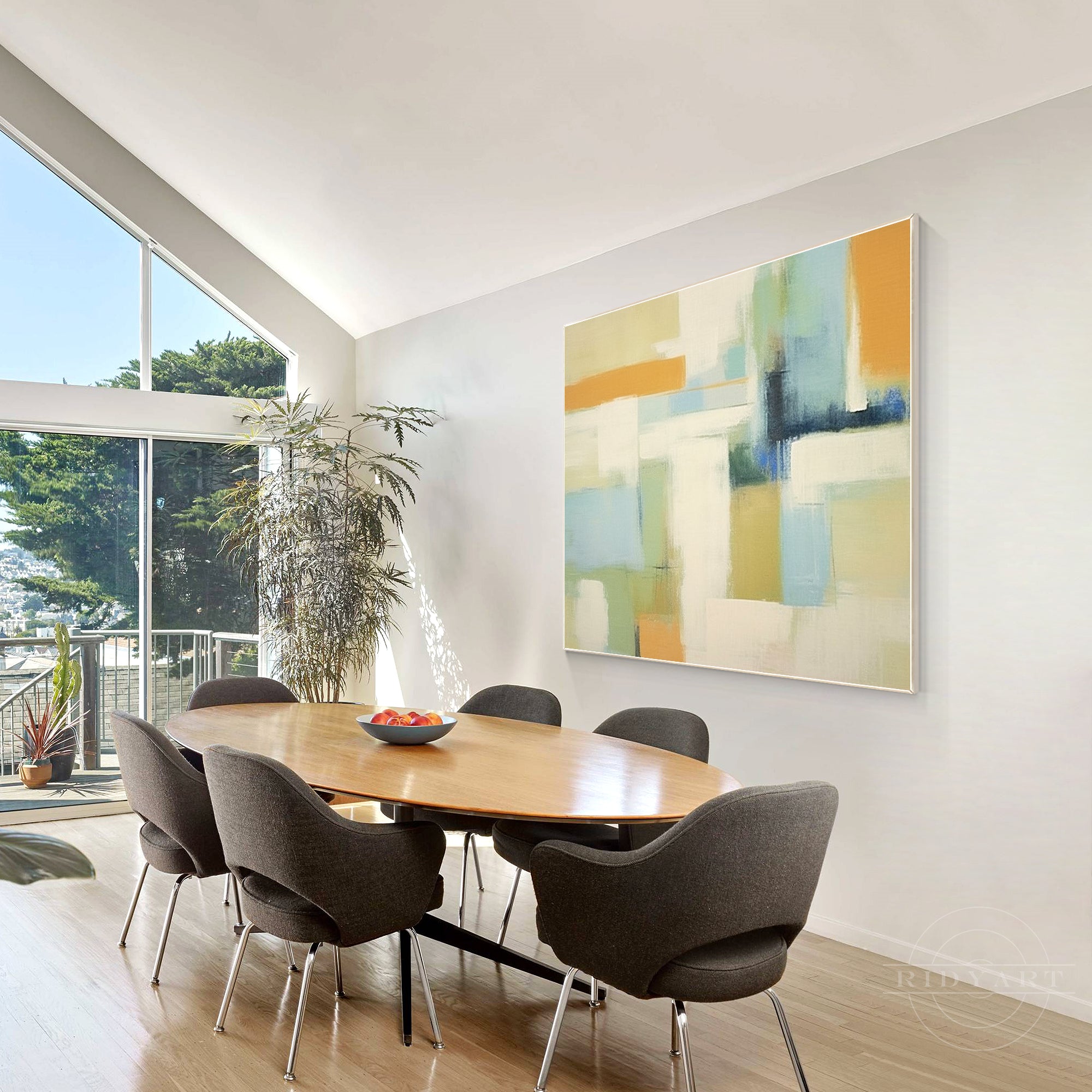Abstract geometric beige warm-toned painting on canvas. Extra-large square wall art for modern and minimalist home decor.