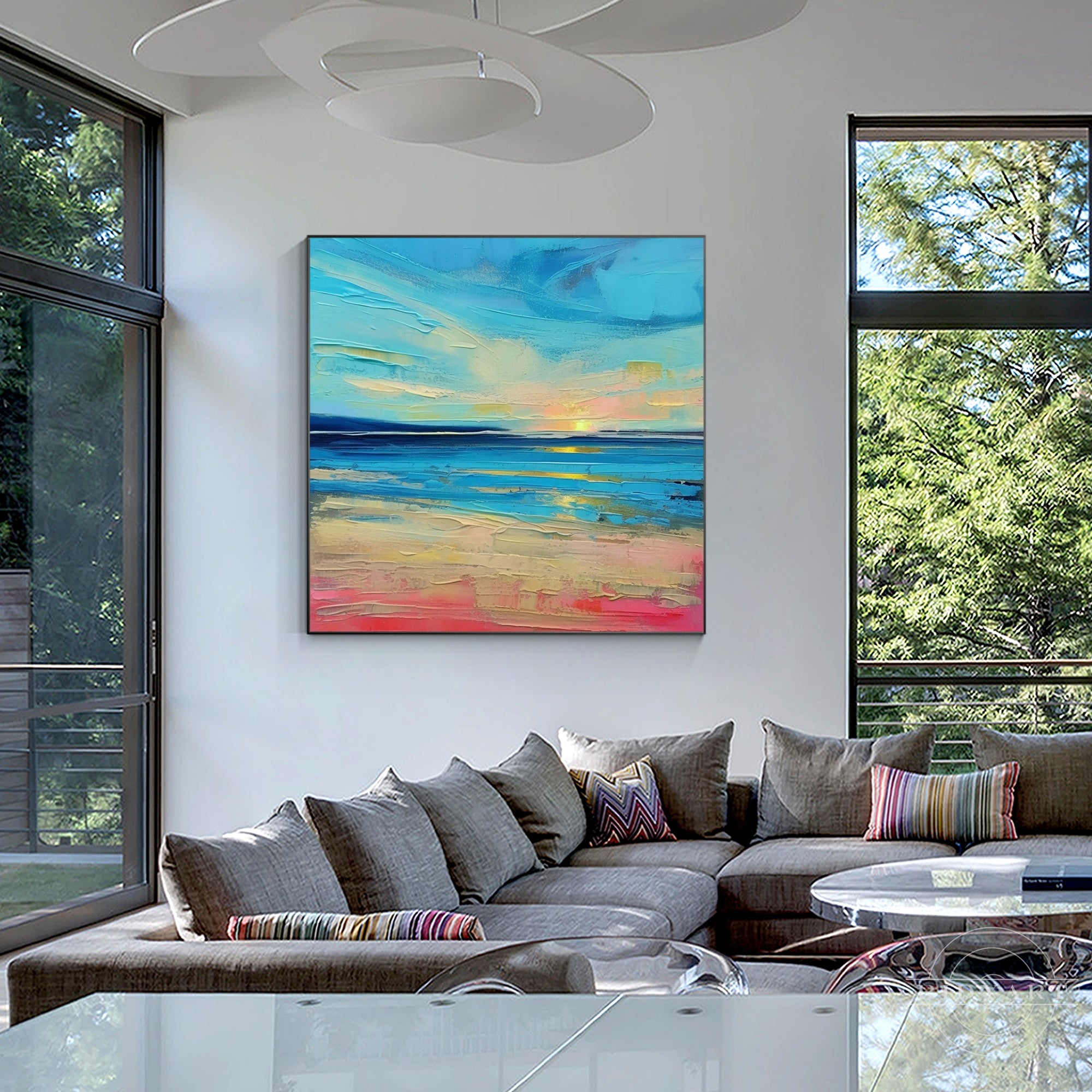 Blue seascape sunrise painting with textured waves.