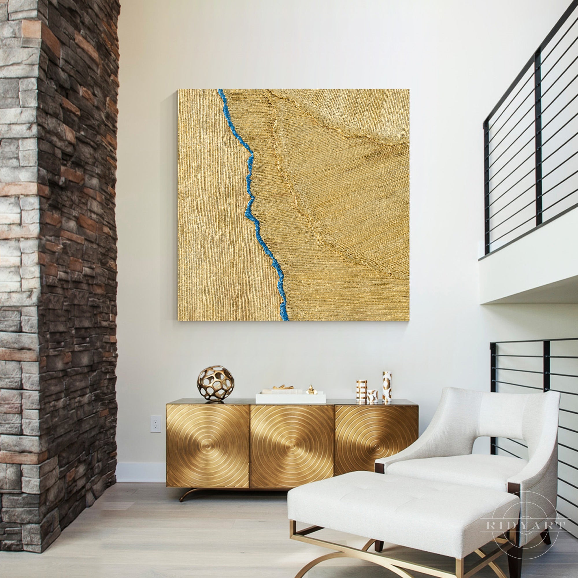 Gold foil heavy texture abstract 3D minimalist painting.
